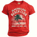 Red t-shirt with "Bachelor Beach Club" graphic and palm tree.