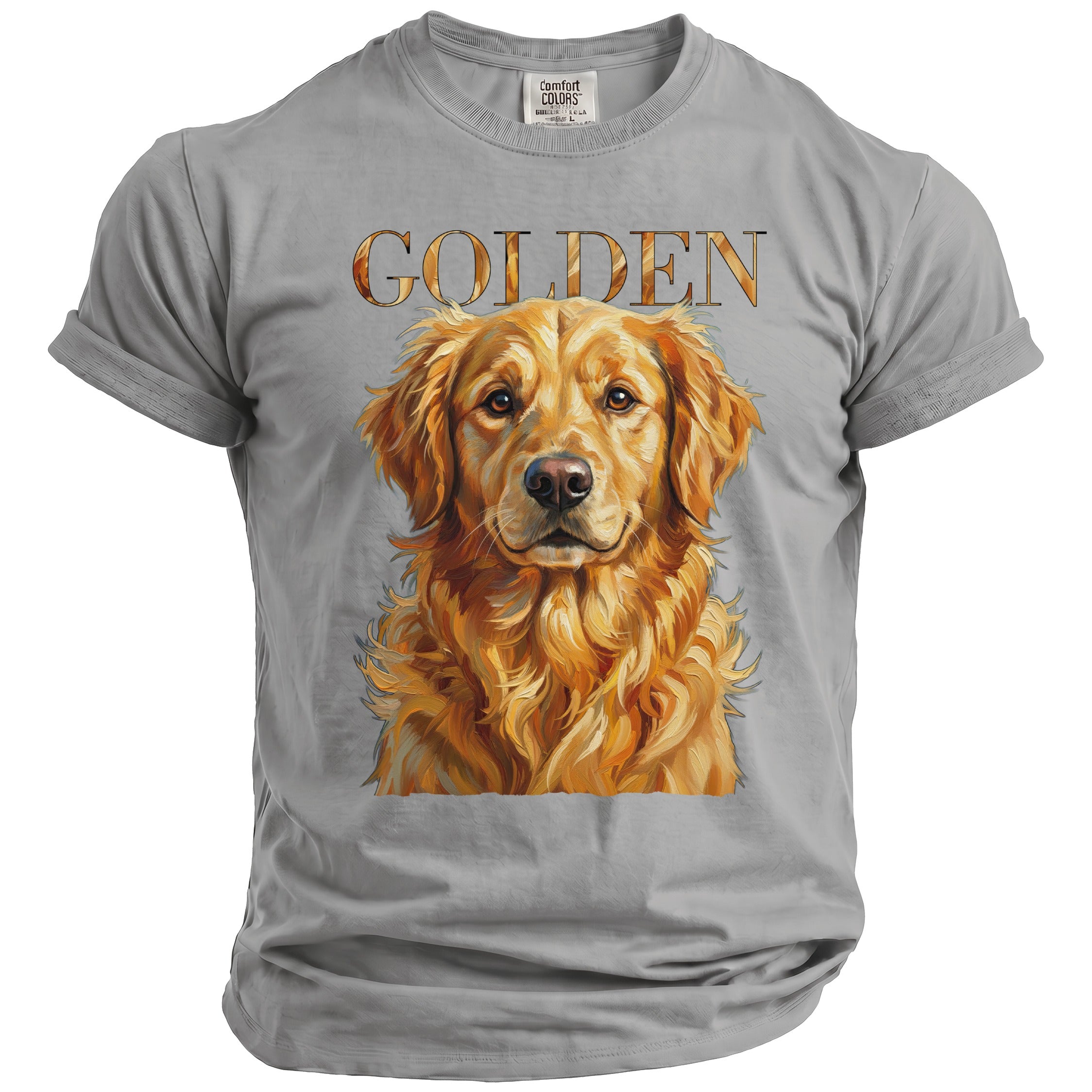 Grey t-shirt with a portrait of a golden retriever and the word "GOLDEN".