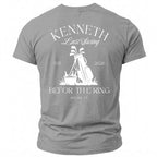 T-shirt with white graphic of golf bag, clubs, cooler, and text "Kenneth Last Swing"