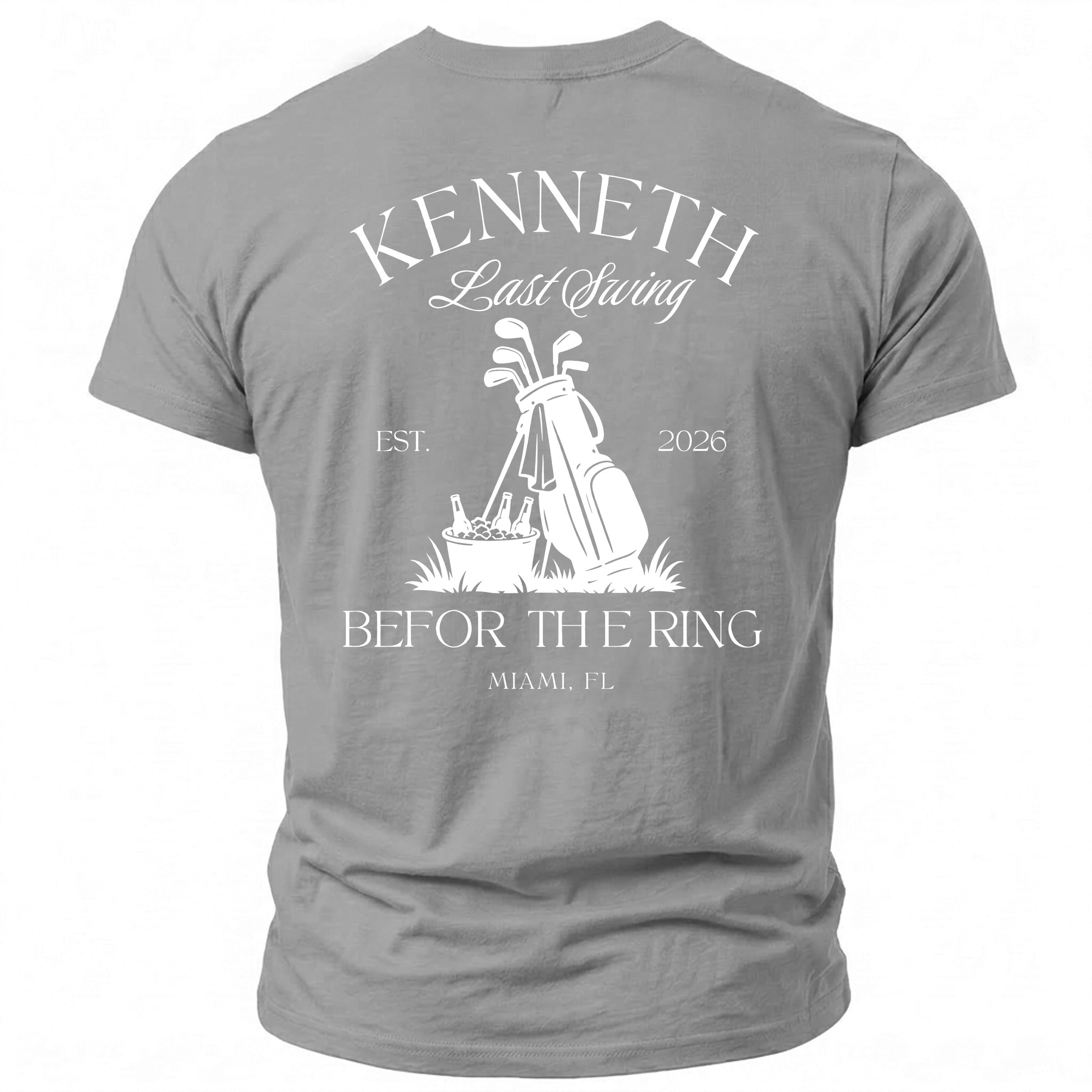 T-shirt with white graphic of golf bag, clubs, cooler, and text "Kenneth Last Swing"