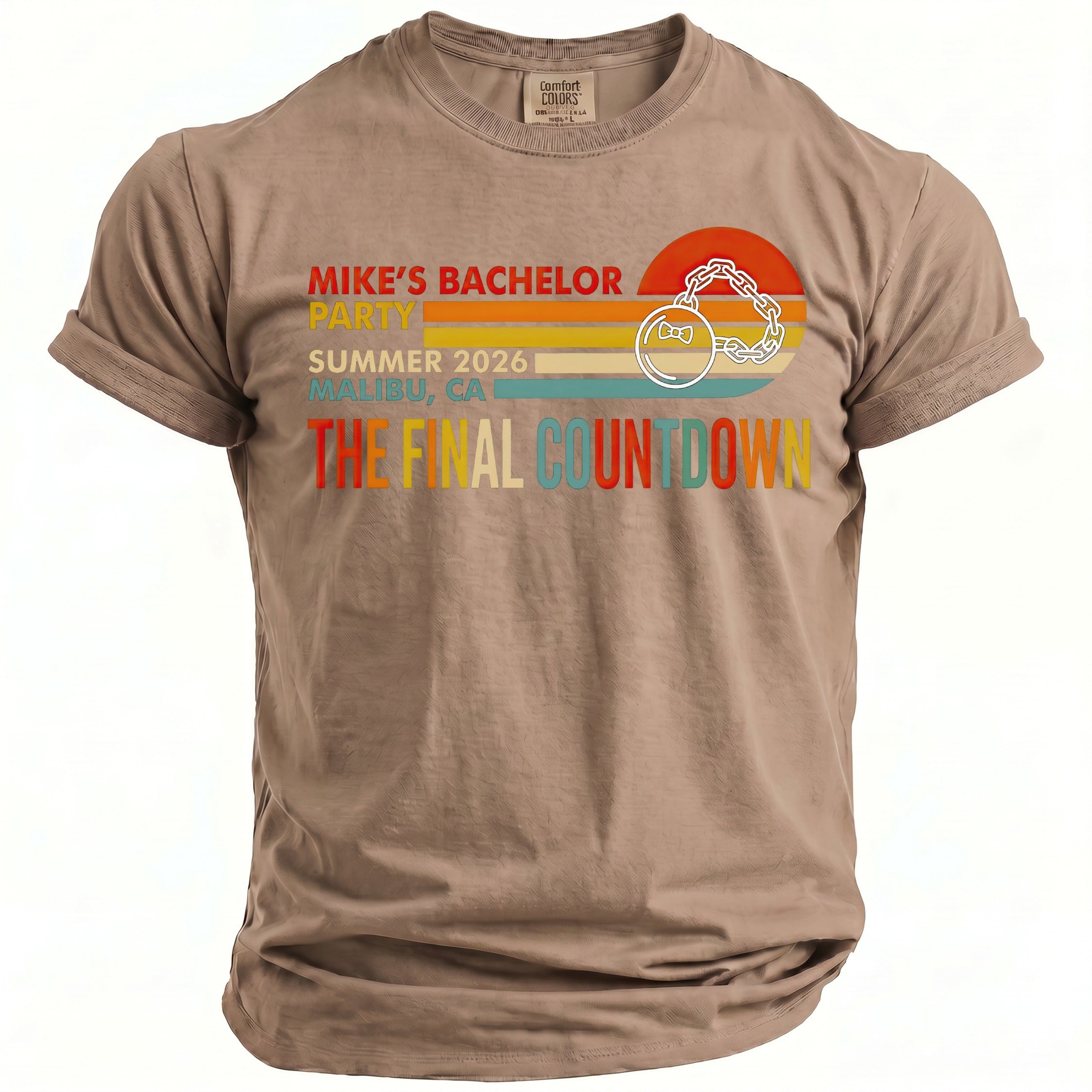 T-shirt with "Mike's Bachelor Party Summer 2026 Malibu, CA The Final Countdown" text.