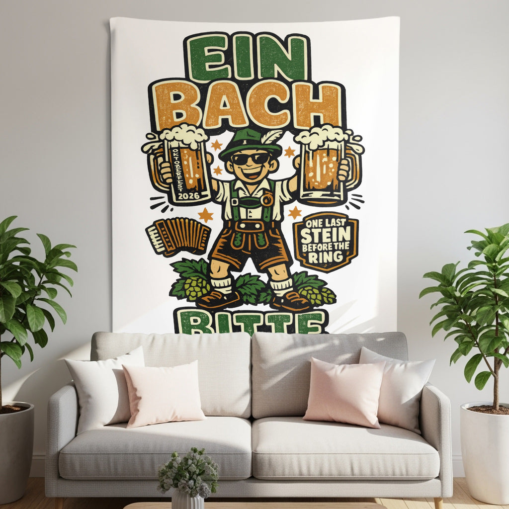 Tapestry with cartoon man in lederhosen holding beer mugs and Oct 2026 text.