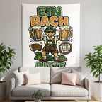 Tapestry with cartoon man in lederhosen holding beer mugs and Oct 2026 text.
