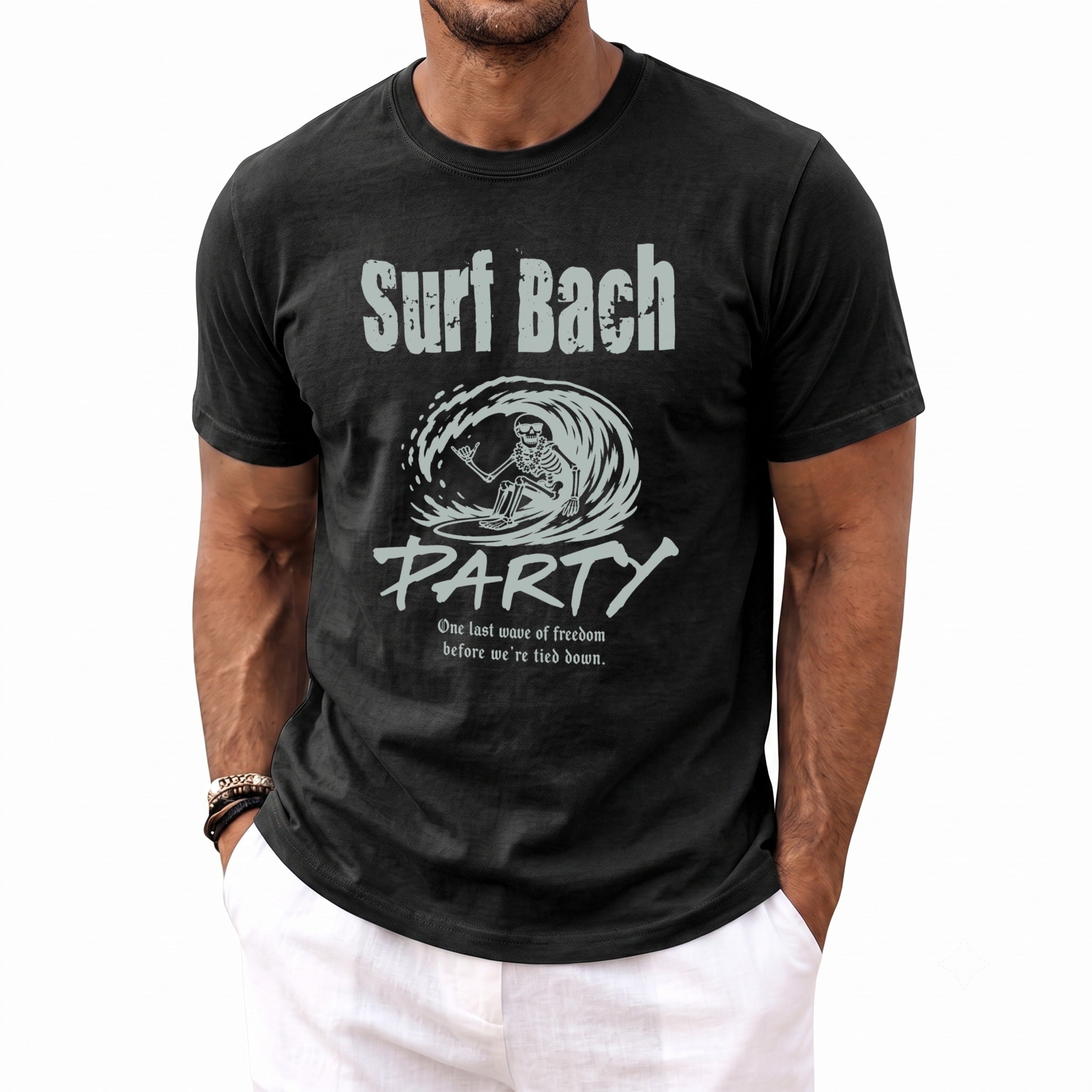 Black t-shirt with "Surf Bach PARTY" text and skeleton surfer graphic.
