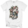 White t-shirt with Roman bust adorned with flowers and birds, text "ART MORE HUMAN."