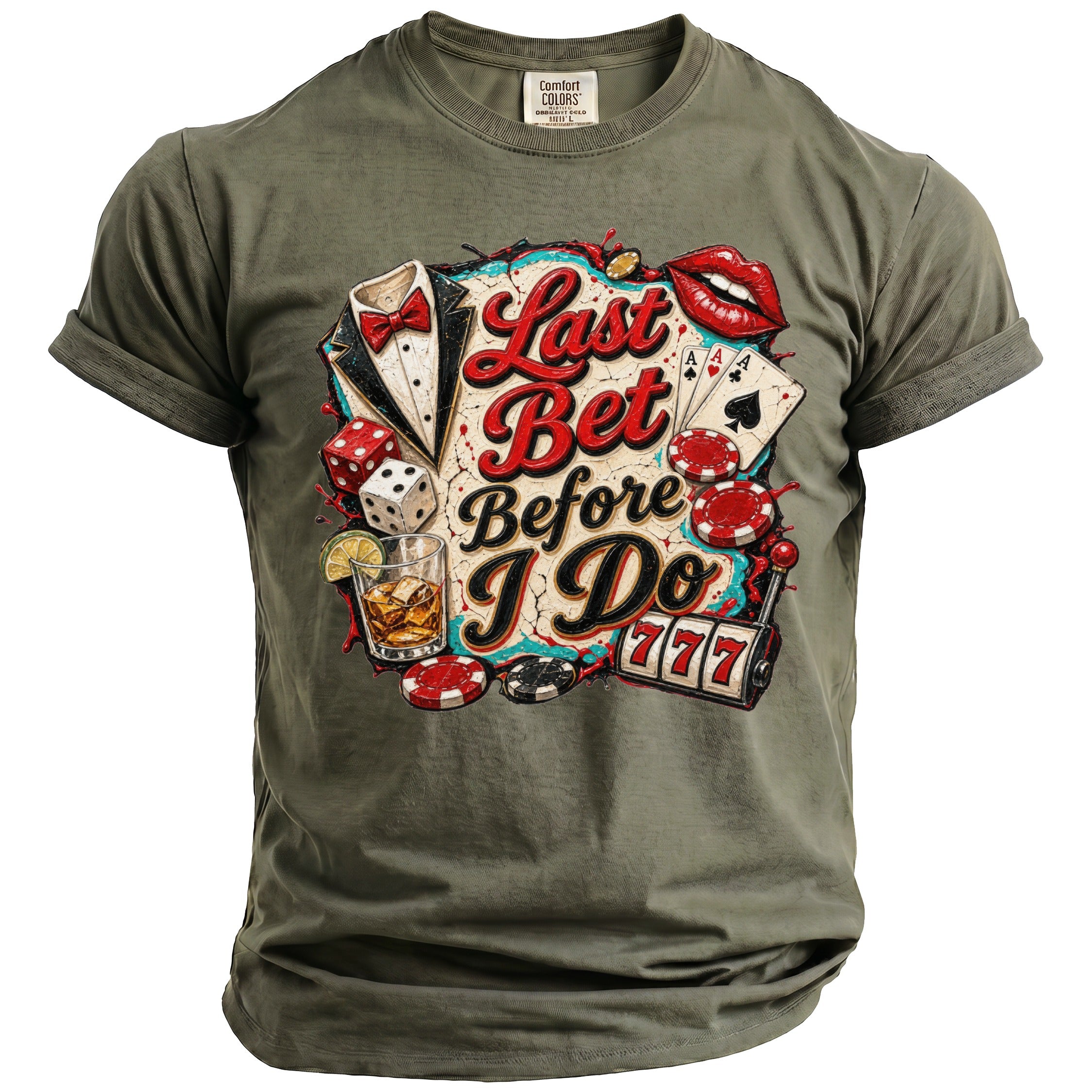 Green t-shirt with "Last Bet Before I Do" graphic featuring casino elements.