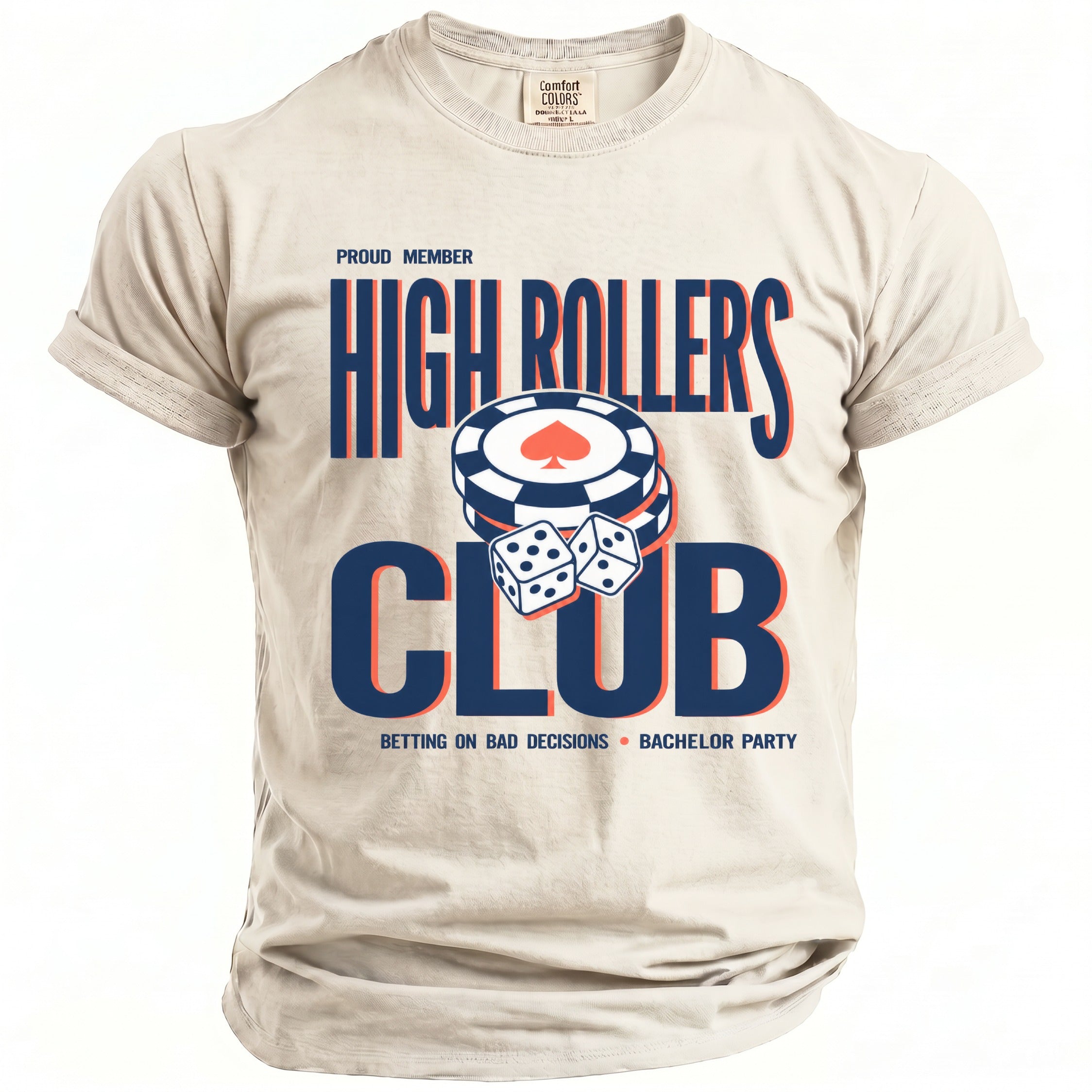 T-shirt with "Proud Member High Rollers Club" and gambling graphics.