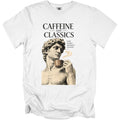 White t-shirt with "Caffeine and Classics" text and sculpture drinking coffee.