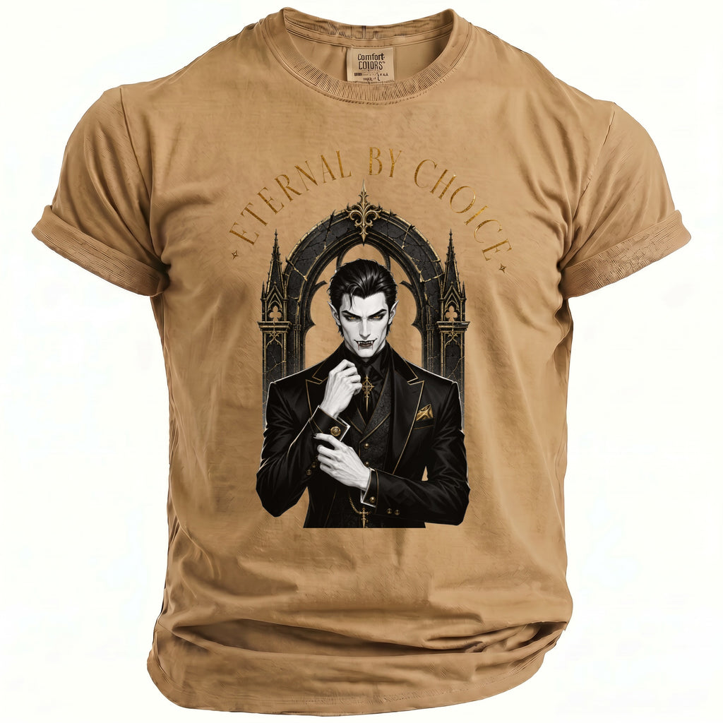 Brown t-shirt with aristocratic vampire graphic and "Eternal by Choice" text.