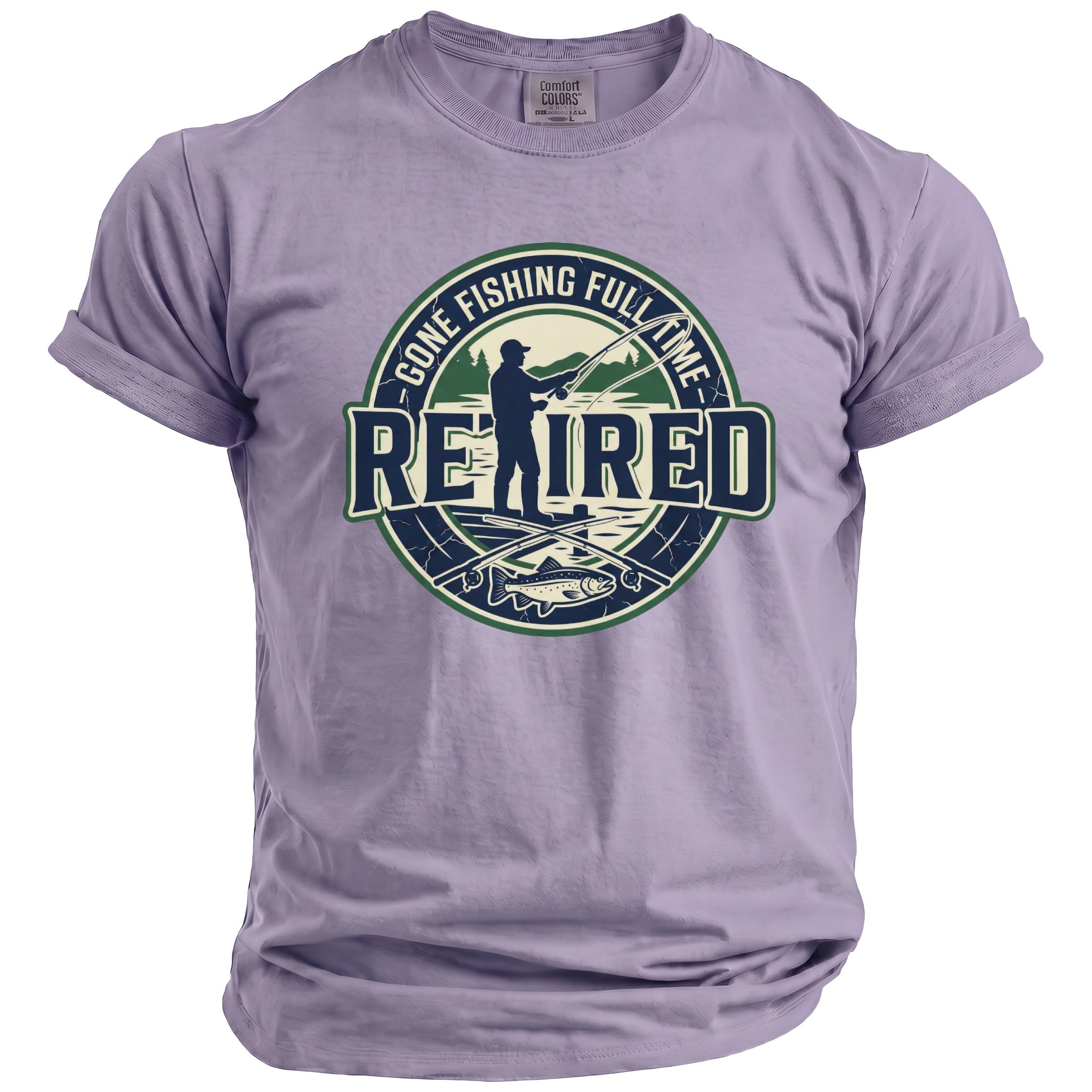 Purple t-shirt with graphic "RETIRED GONE FISHING FULL TIME" and fishing imagery.