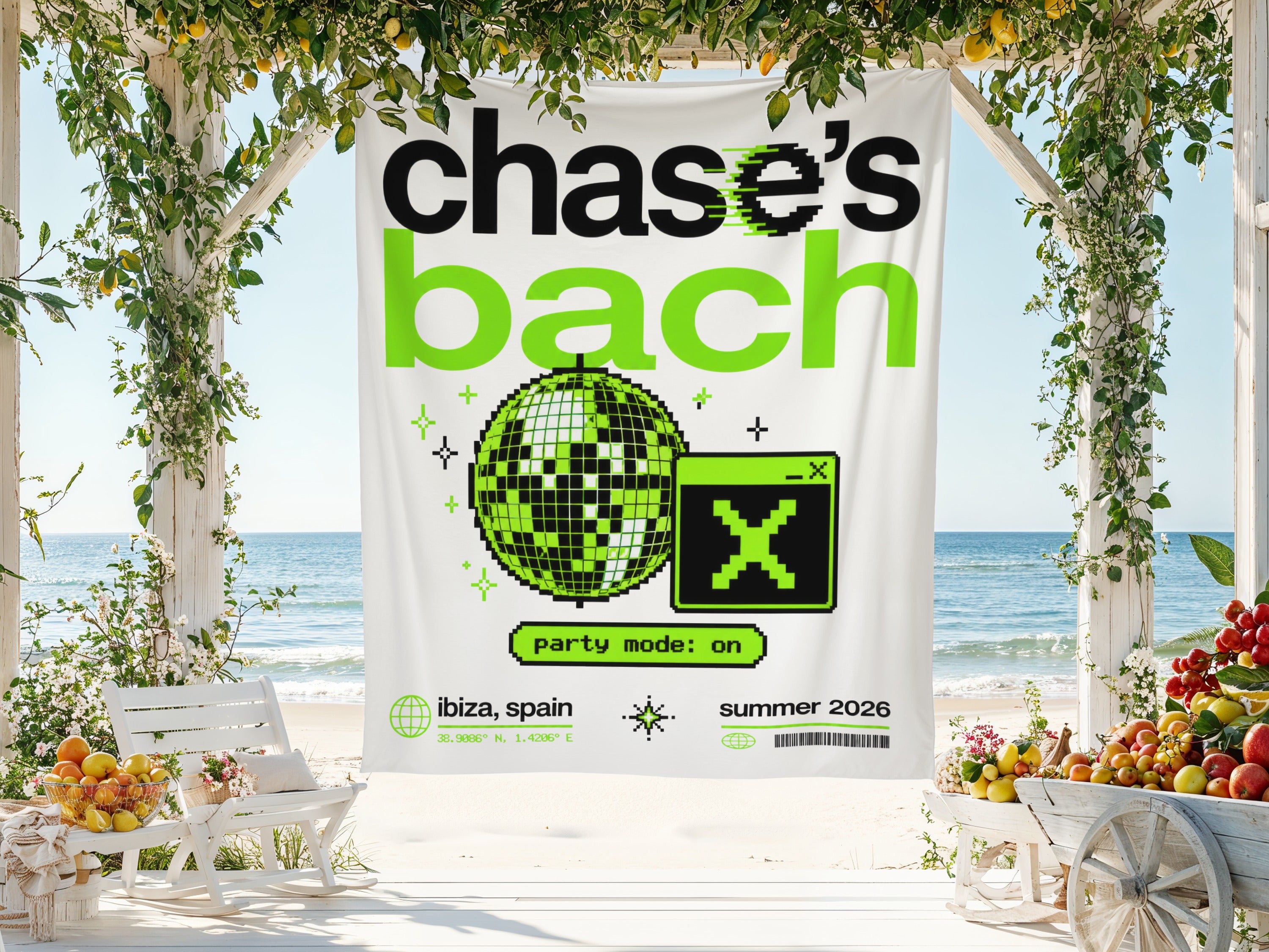 Chase's Bach banner with disco ball and computer window graphic on a beach.