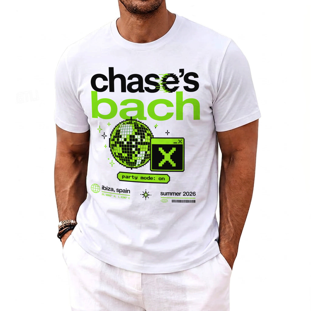 White t-shirt with "chase's bach" graphic, pixelated disco ball, and text.