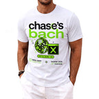 White t-shirt with "chase's bach" graphic, pixelated disco ball, and text.