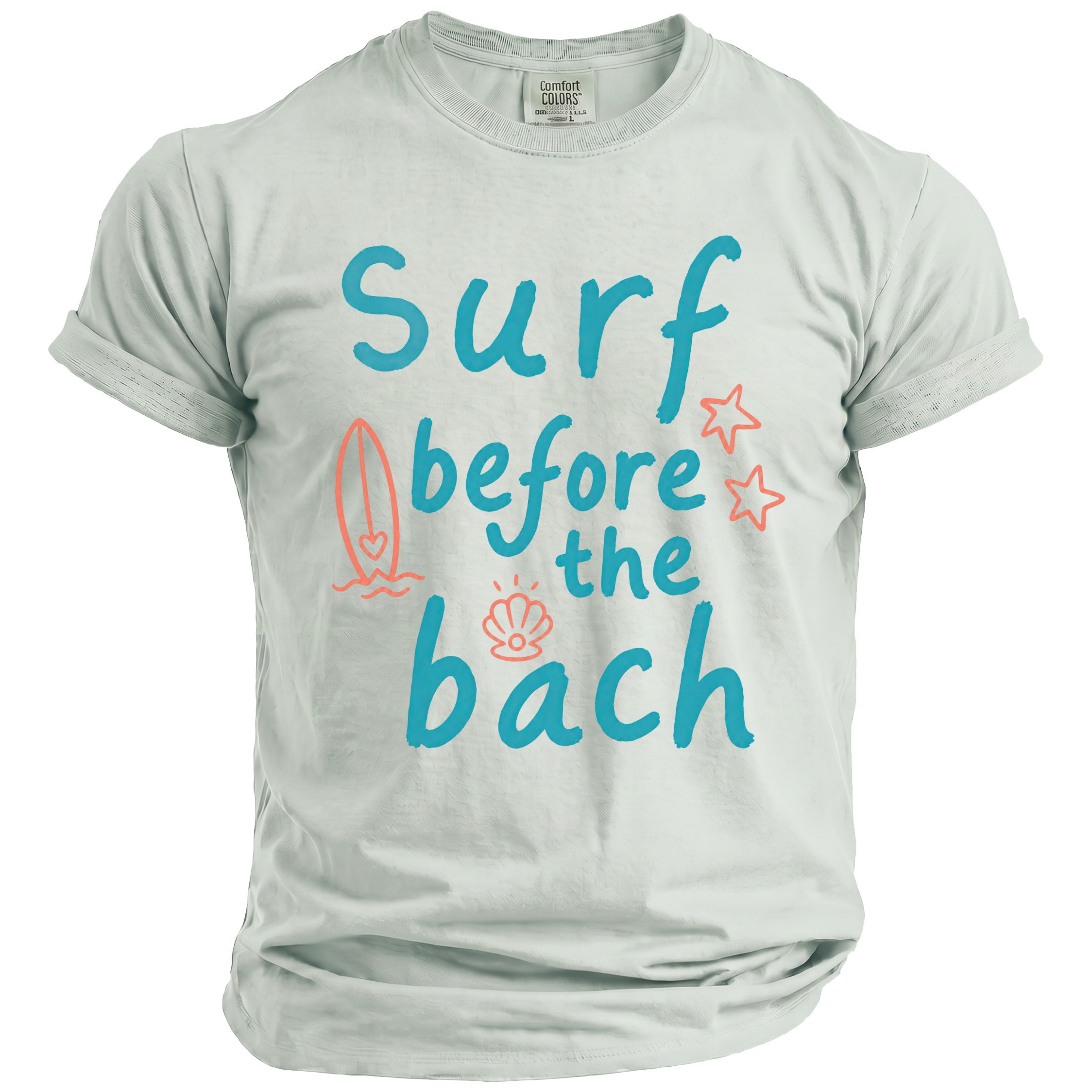Light grey t-shirt with "surf before the bach" text and beach graphic.