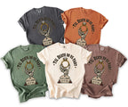 Five t-shirts in different colors, each with a skeleton hand holding a ring.
