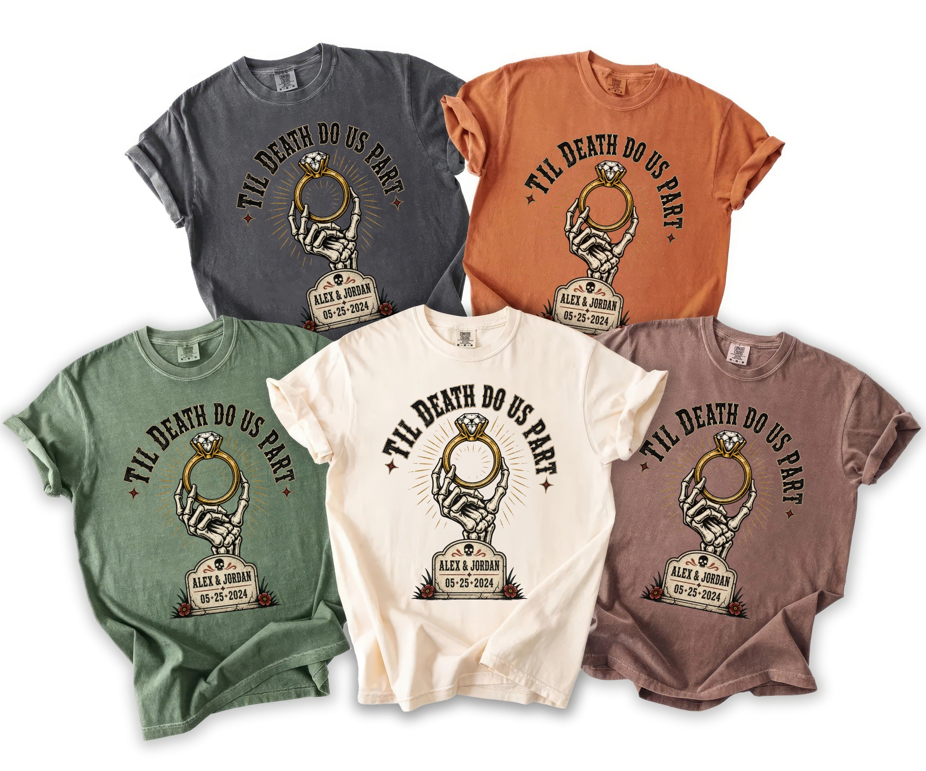 Five t-shirts in different colors, each with a skeleton hand holding a ring.