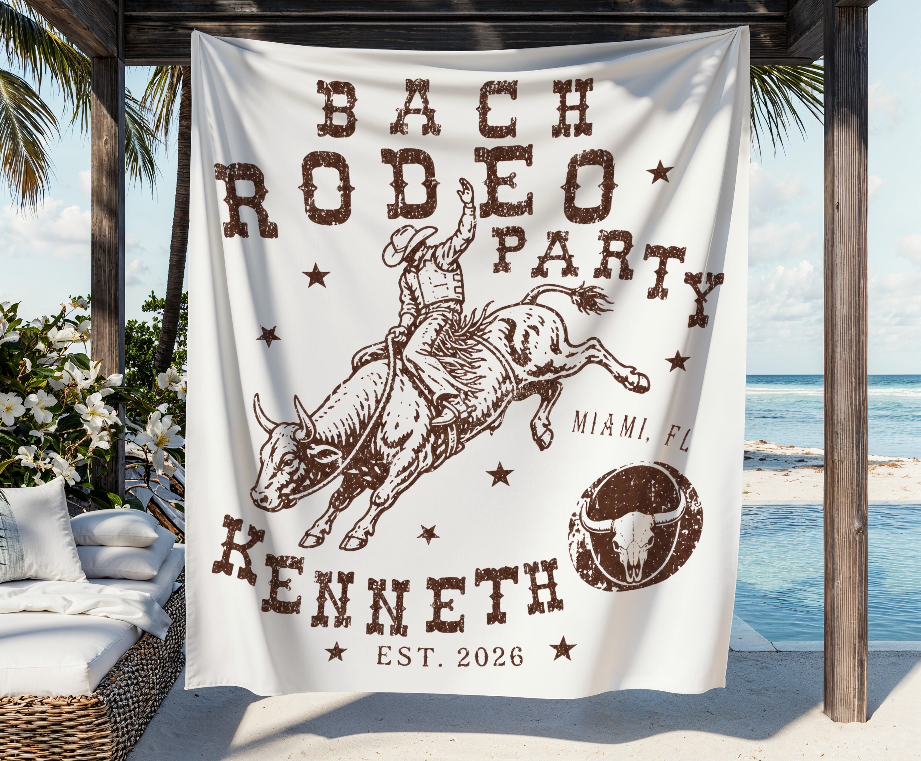White banner with "BACH RODEO PARTY" text, cowboy on bull design, and "KENNETH EST. 2026"