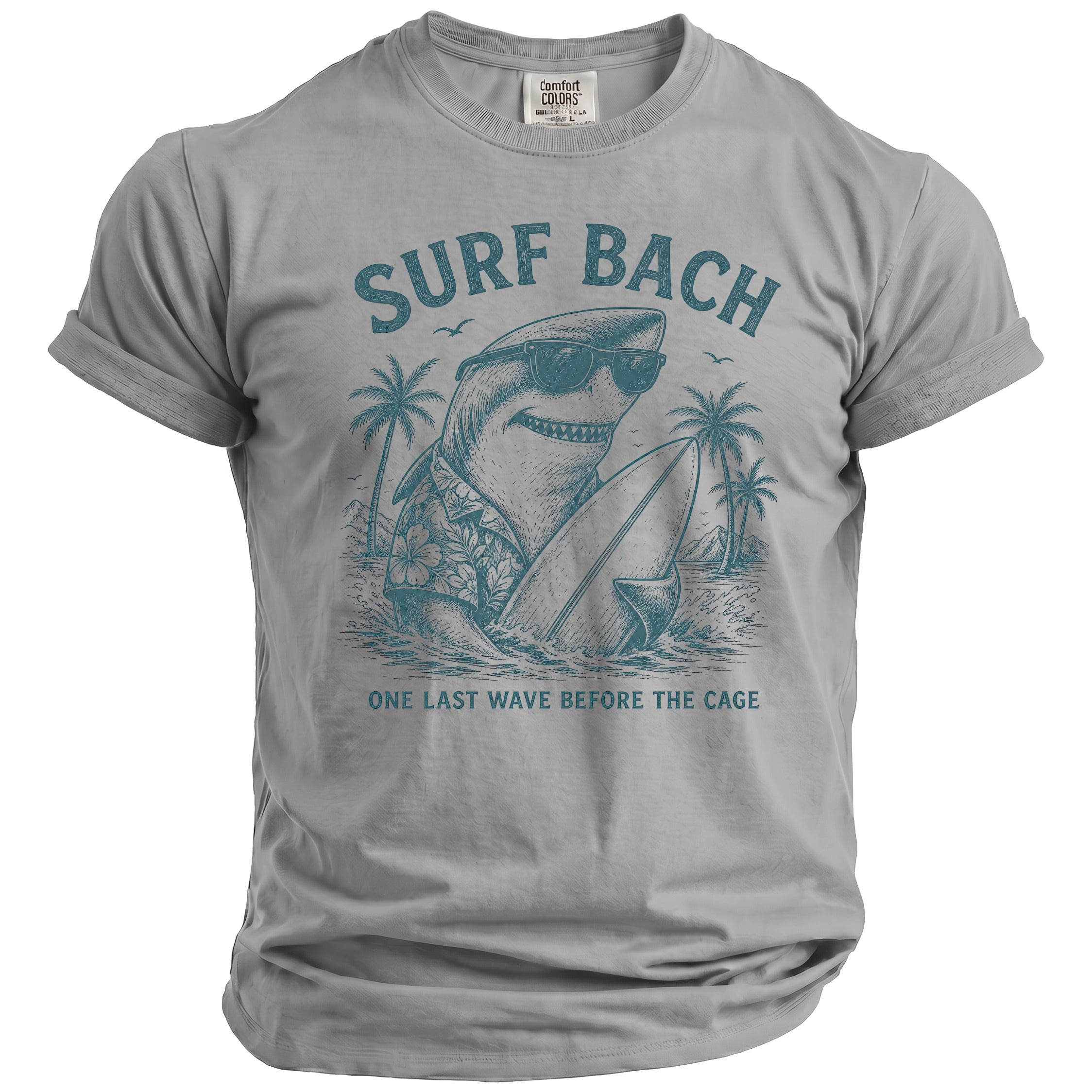 Grey t-shirt with "Surf Bach" text and a shark wearing sunglasses on a surfboard.