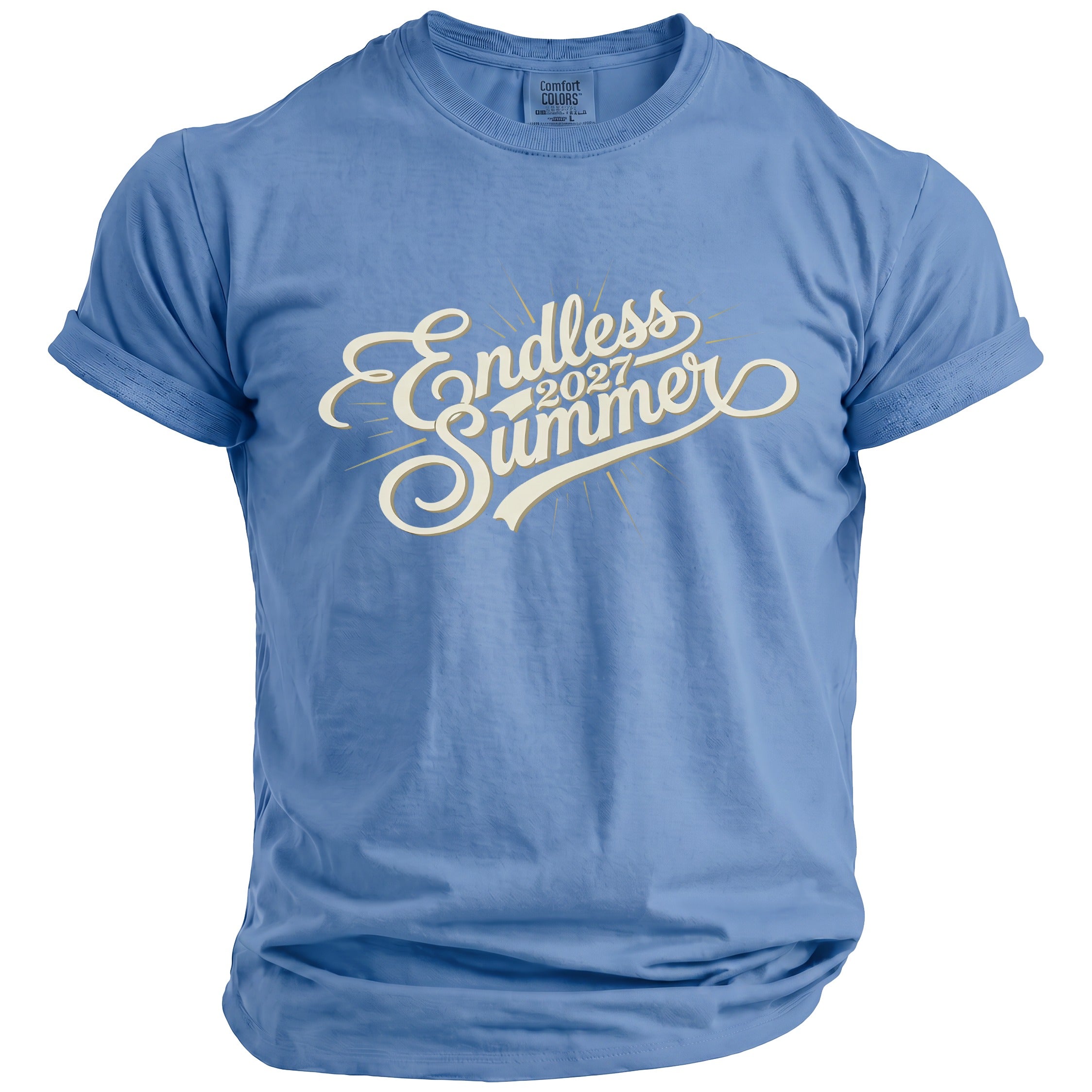 Blue t-shirt with "Endless Summer 2027" graphic.