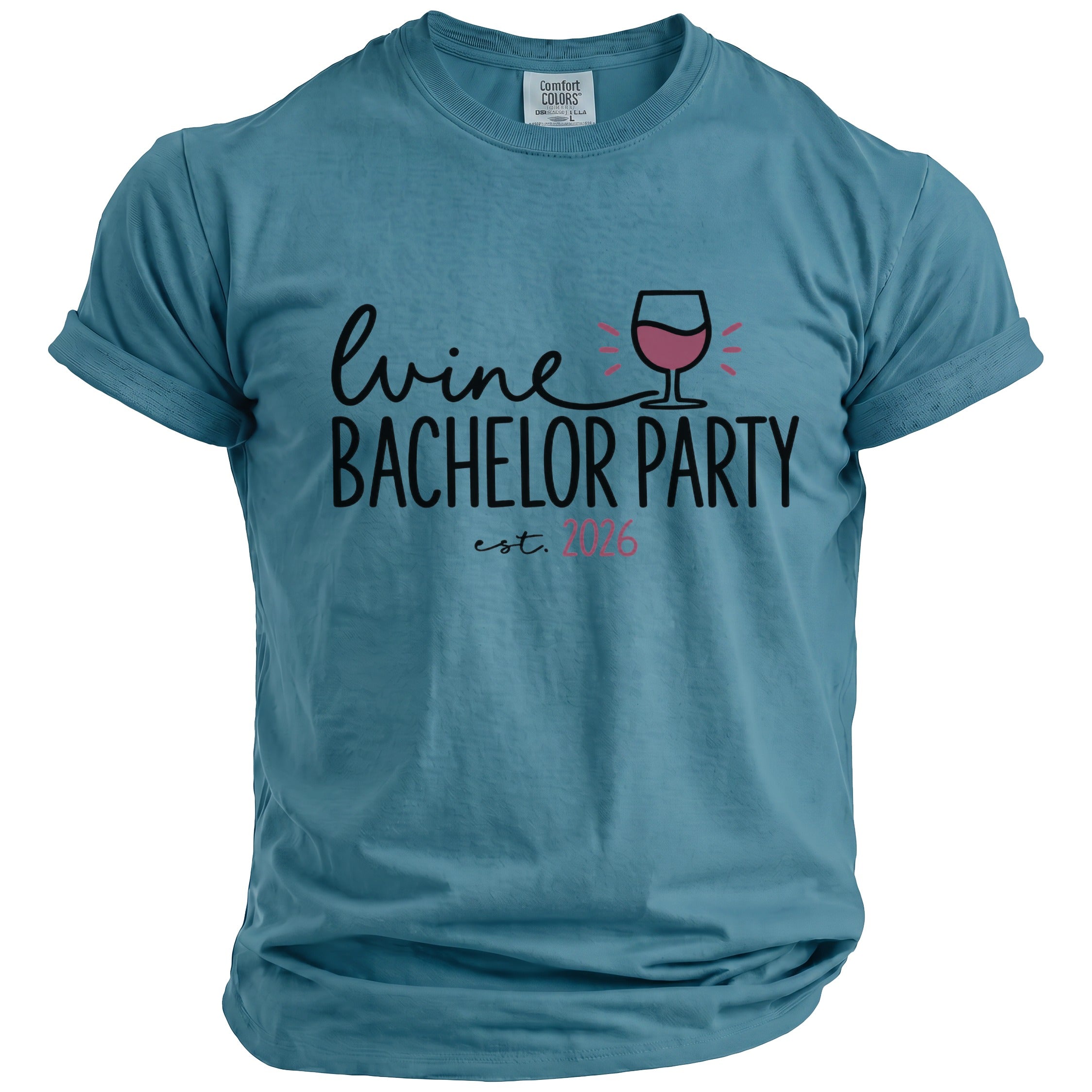 Teal t-shirt with "Wine Bachelor Party est. 2026" graphic and wine glass icon.