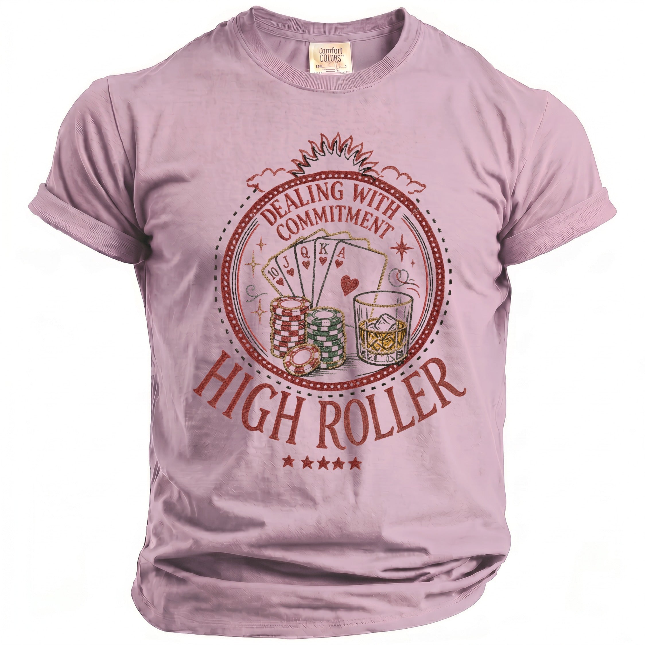Pink t-shirt with "Dealing with Commitment High Roller" poker graphic.