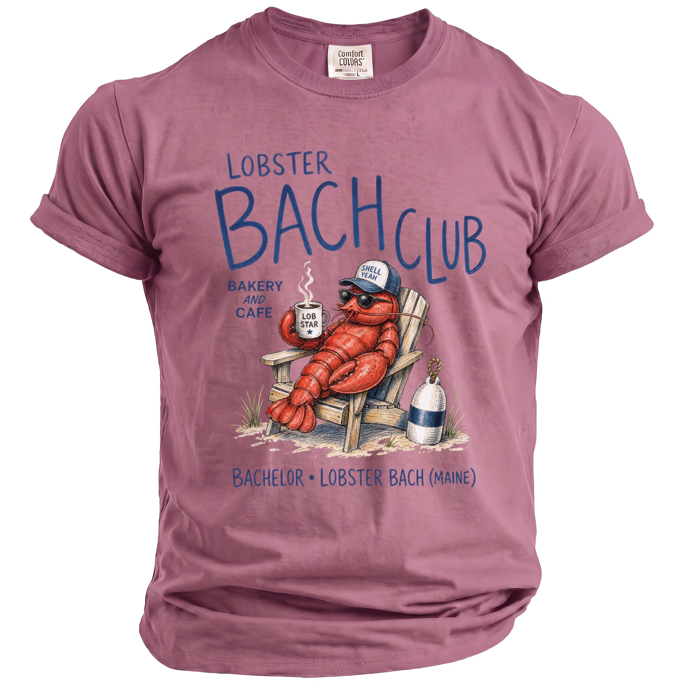 Lobster Bach Club Bakery and Cafe graphic tee with lobster drinking coffee.