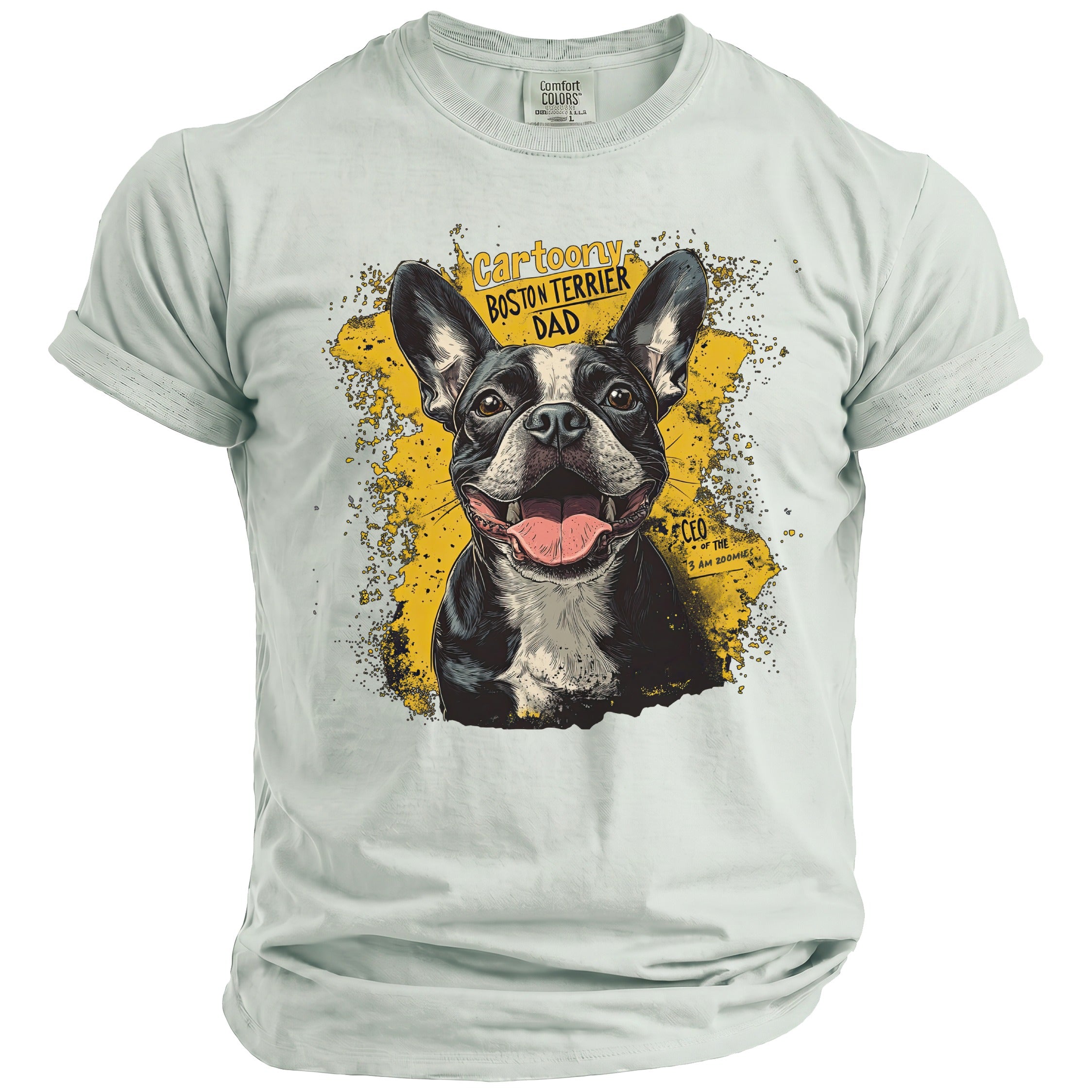 Light blue t-shirt with cartoon Boston Terrier and text "Cartoony Boston Terrier Dad".