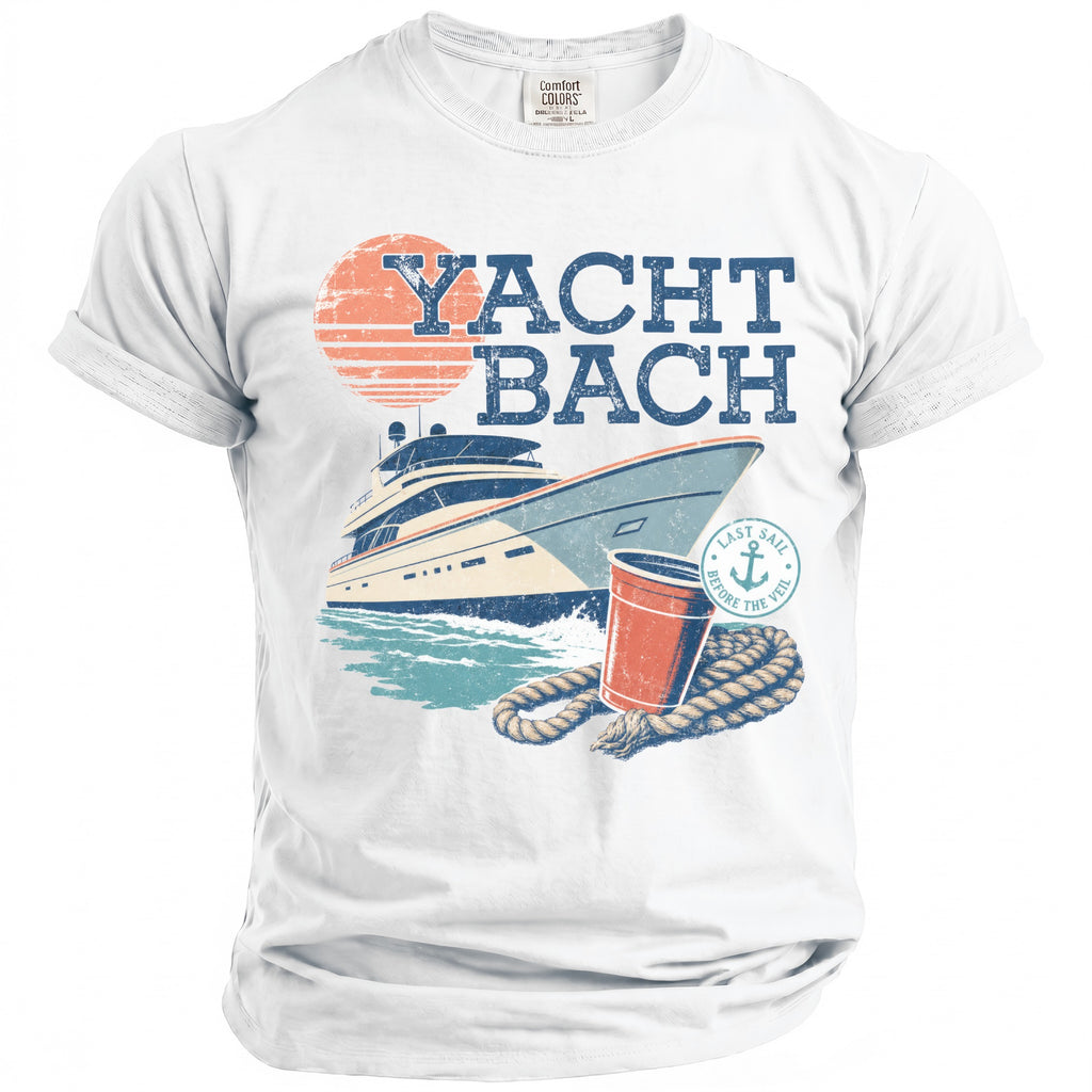 White short-sleeve t-shirt with a vintage graphic reading Yacht Bach featuring a yacht, sun, rope, and red cup.