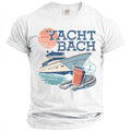 White short-sleeve t-shirt with a vintage graphic reading Yacht Bach featuring a yacht, sun, rope, and red cup.