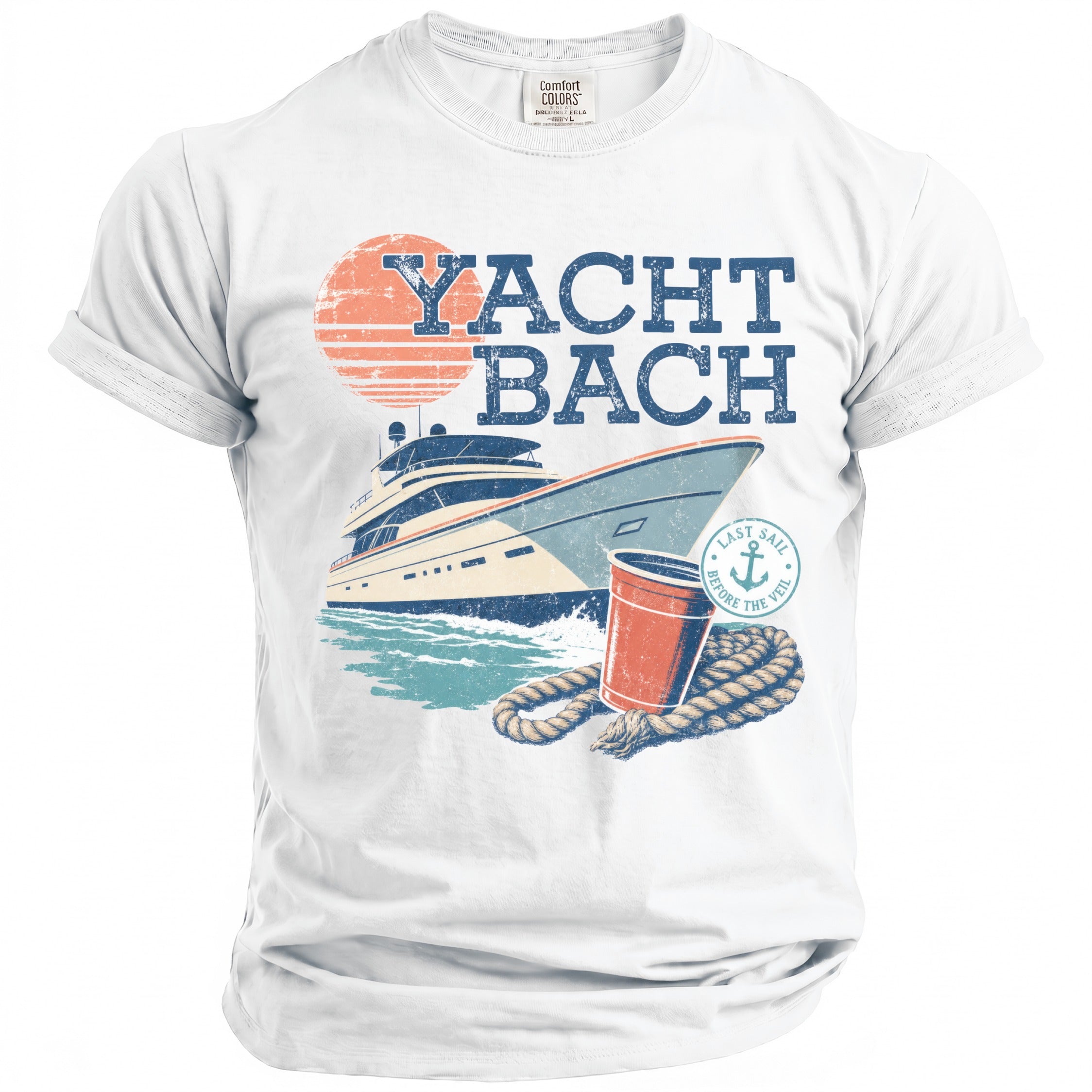 White short-sleeve t-shirt with a vintage graphic reading Yacht Bach featuring a yacht, sun, rope, and red cup.