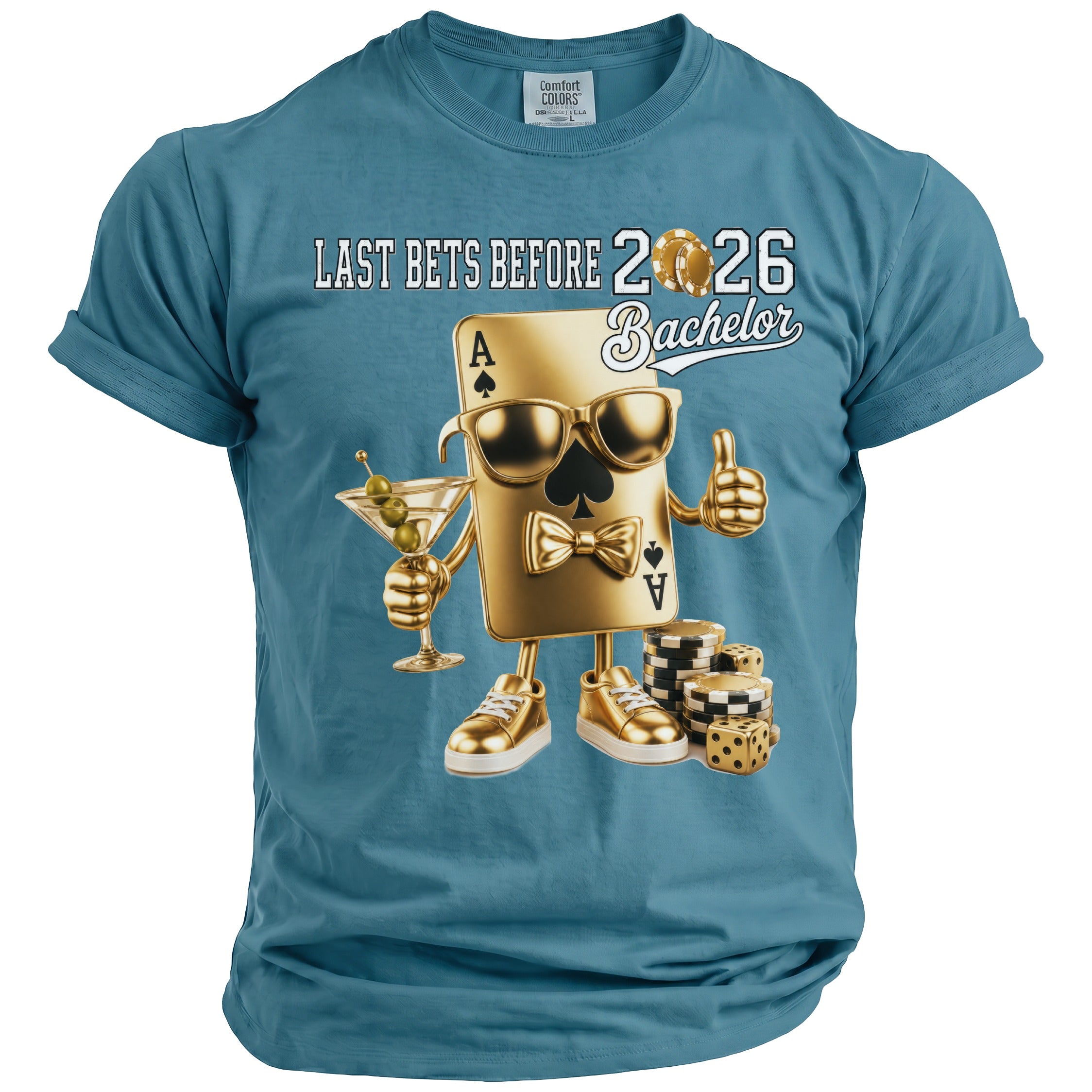 Ace of Spades with martini and poker chips reads "Last Bets Before 2026 Bachelor".