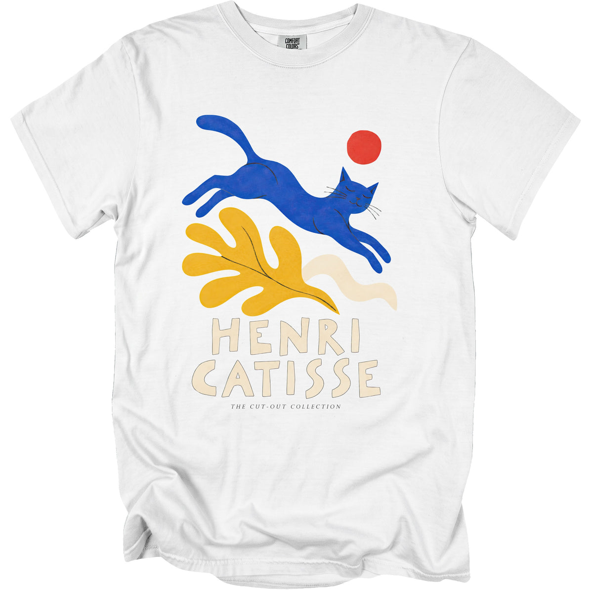 White t-shirt with Henri Matisse cut-out collection graphic of a jumping blue cat.