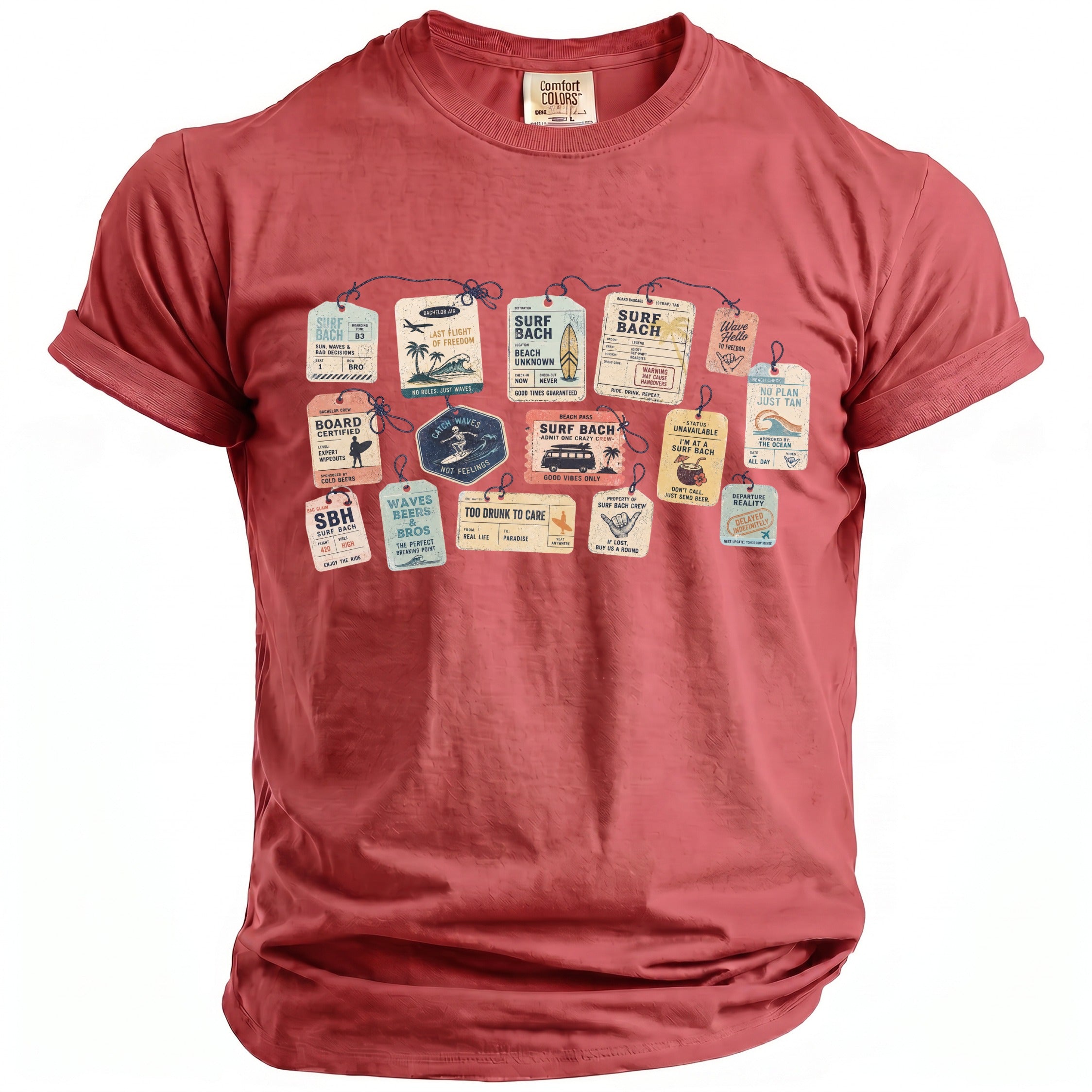 Red t-shirt with surf-themed travel tags graphic including "Surf Bach" and "Bachelor Crew".