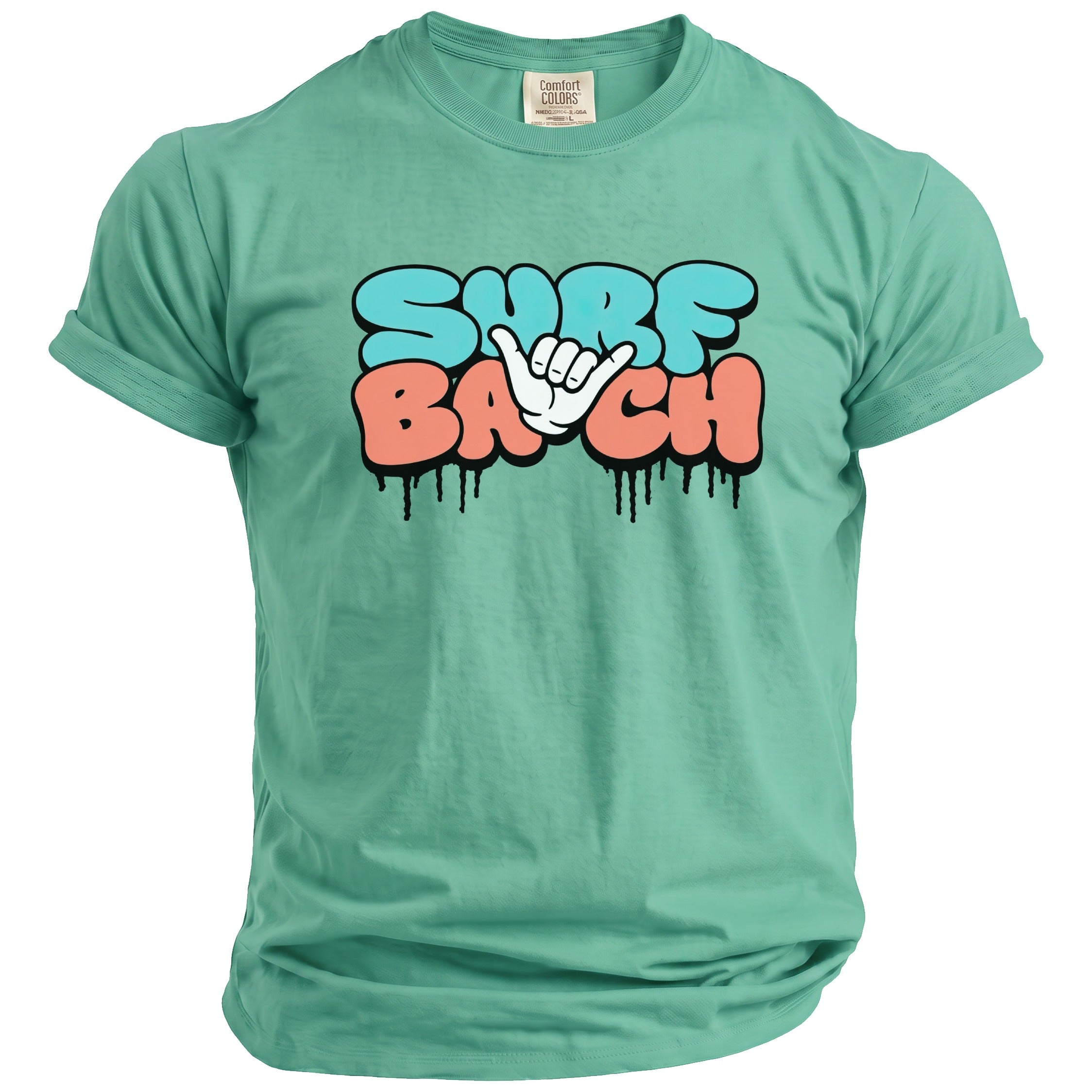 Green t-shirt with "SURF BACH" text and a hang loose hand symbol.