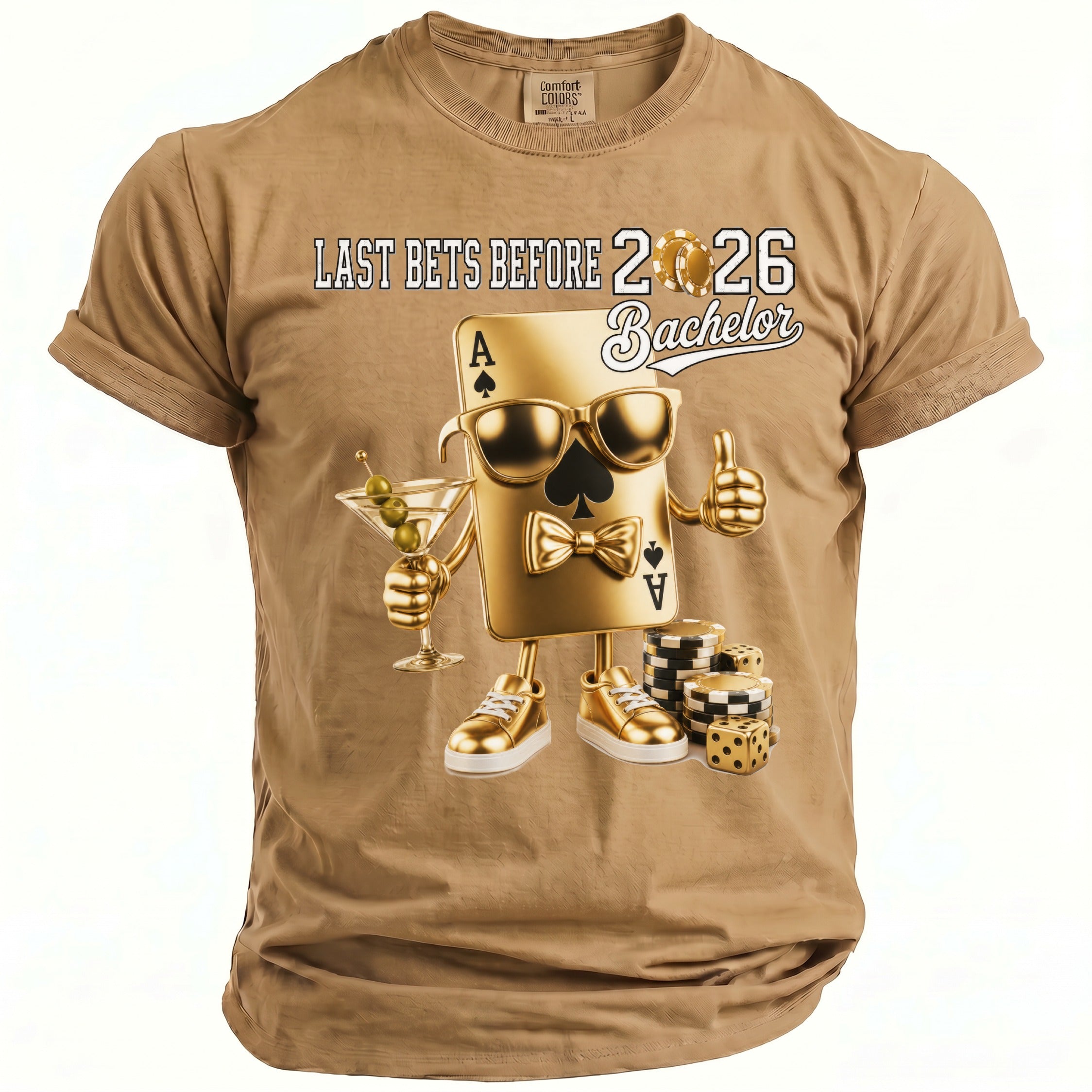 Gold Ace of Spades character with martini and dice, "Last Bets Before 2026 Bachelor".