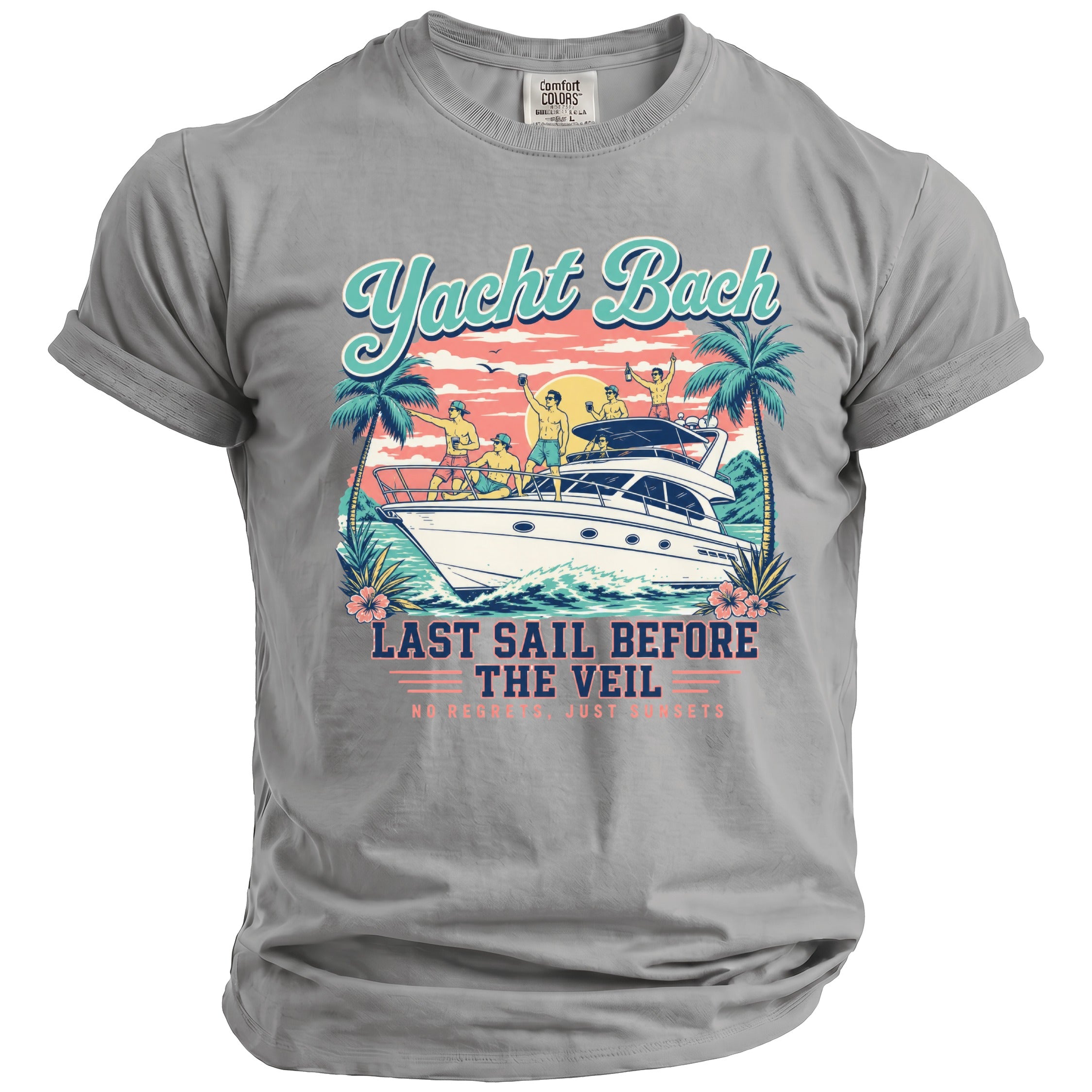 A grey t-shirt featuring a retro graphic of a yacht, palm trees, and text reading Yacht Bach.