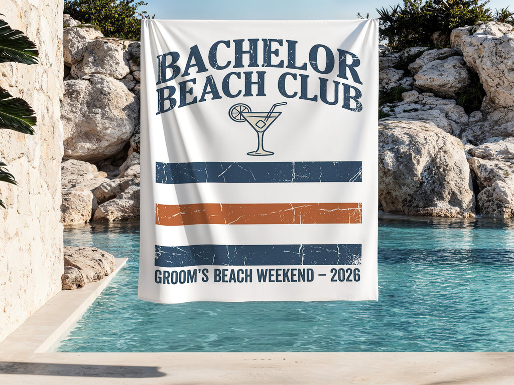 Bachelor Beach Club banner with cocktail and "Groom's Beach Weekend - 2026" text.