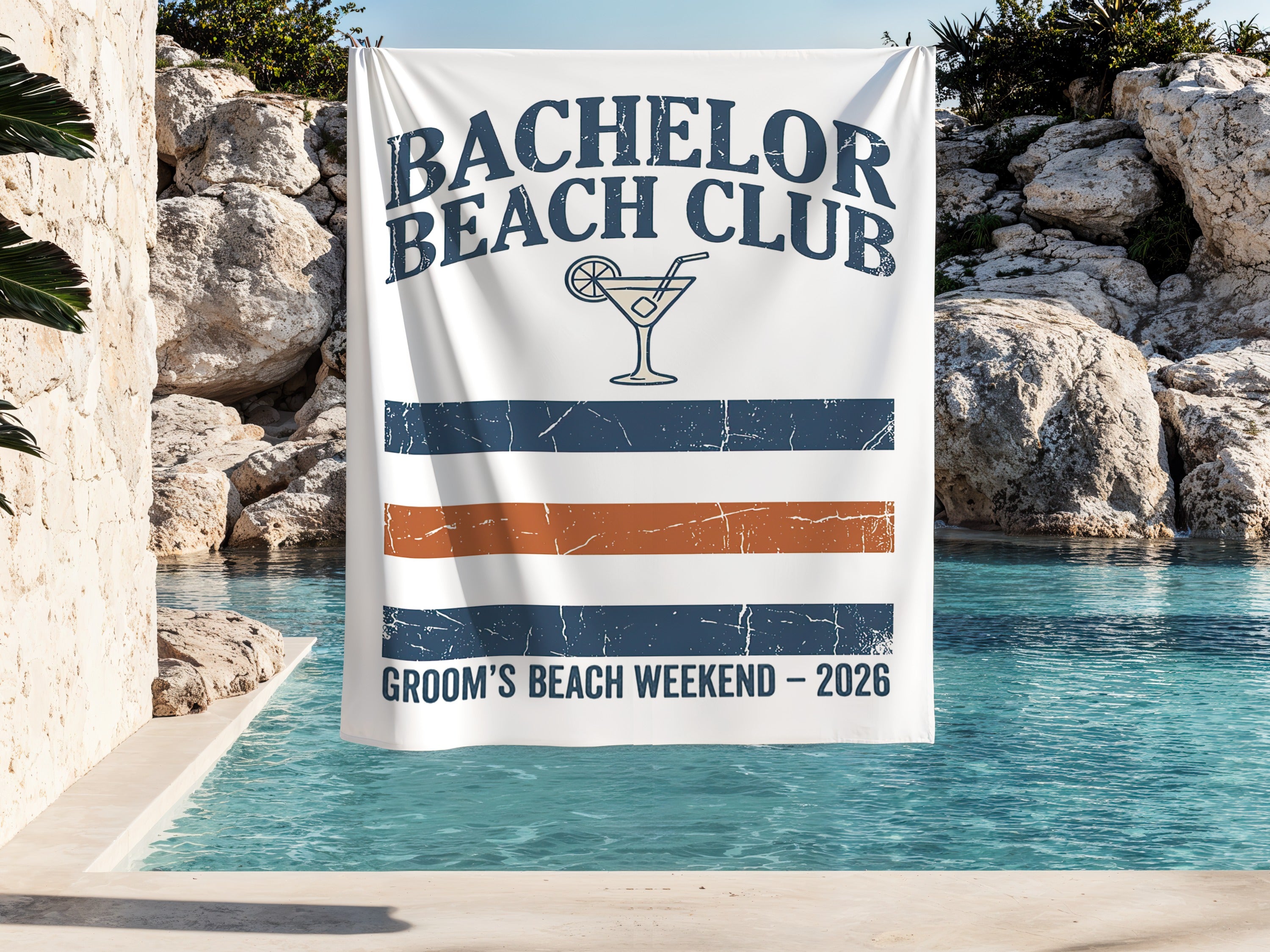 Bachelor Beach Club banner with cocktail and "Groom's Beach Weekend - 2026" text.
