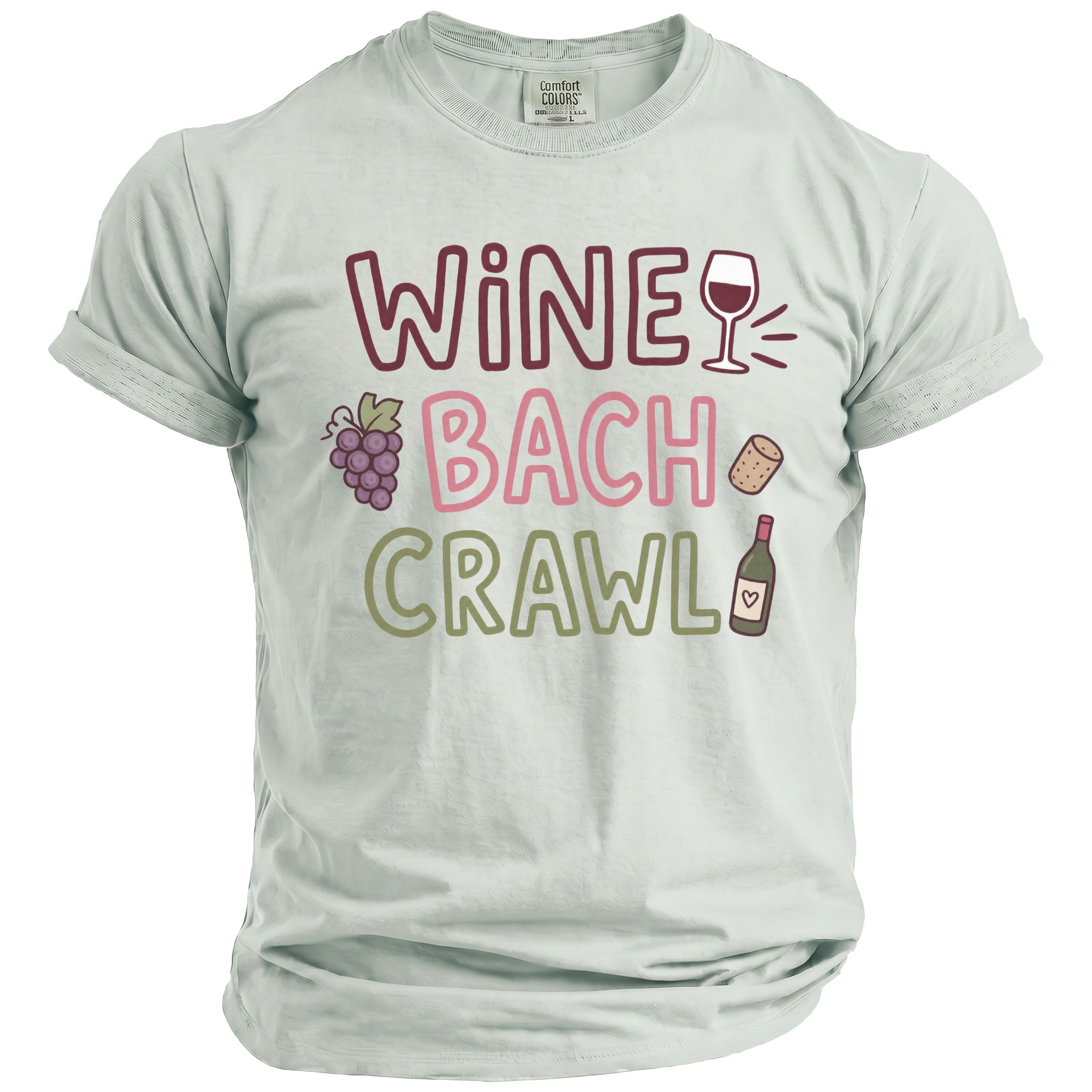 Light blue t-shirt with "Wine Bach Crawl" text, grapes, wine glass, cork, and bottle graphic.