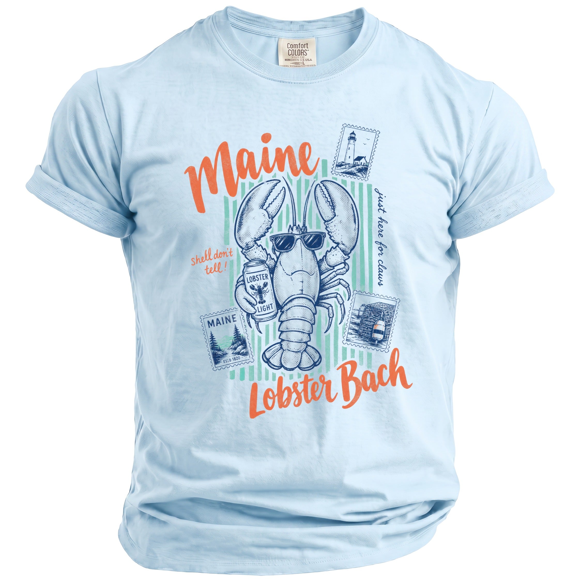 Light blue t-shirt with lobster graphic, Maine text, and postage stamps.