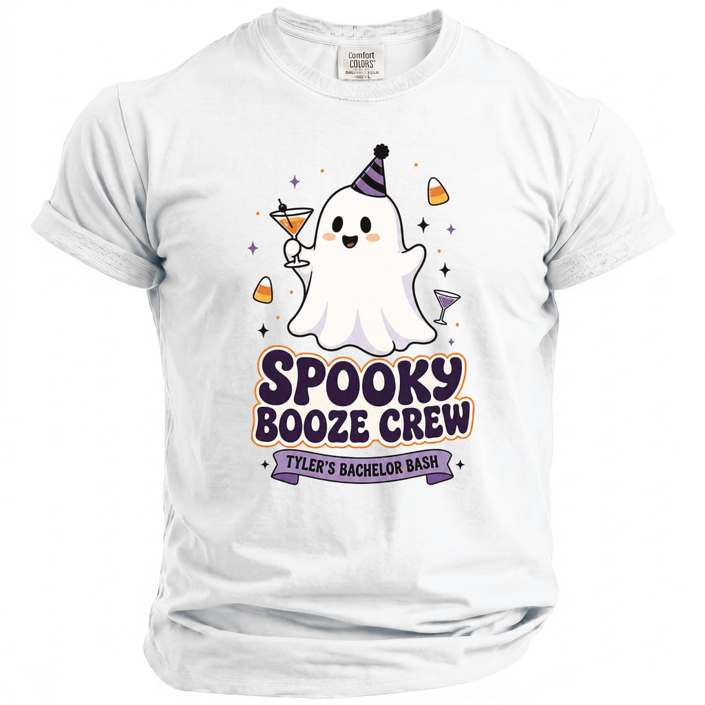 White t-shirt with a ghost, cocktails, and text "Spooky Booze Crew Tyler's Bachelor Bash".