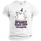 White t-shirt with a ghost, cocktails, and text "Spooky Booze Crew Tyler's Bachelor Bash".