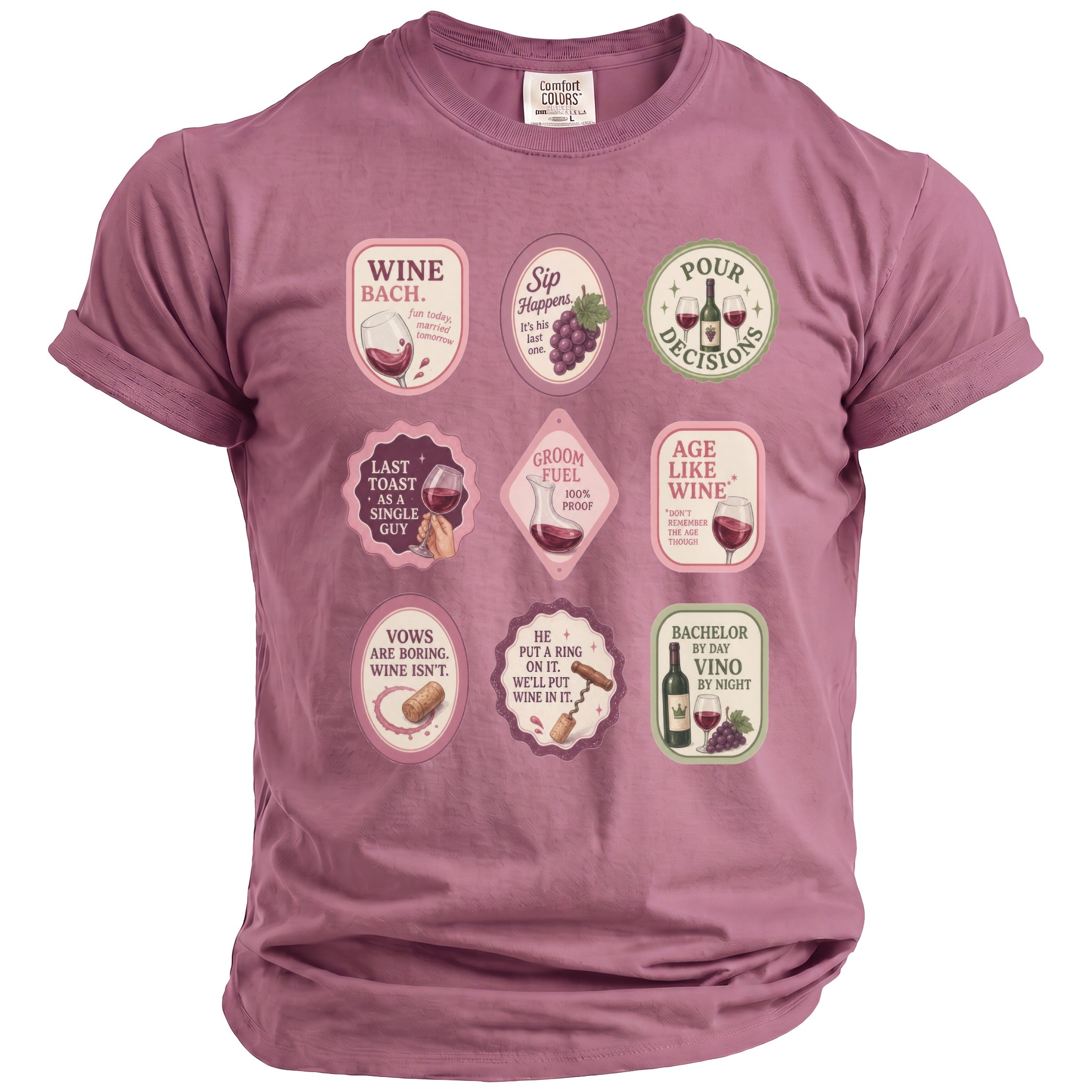 Purple t-shirt with nine circular wine-themed graphics and text.