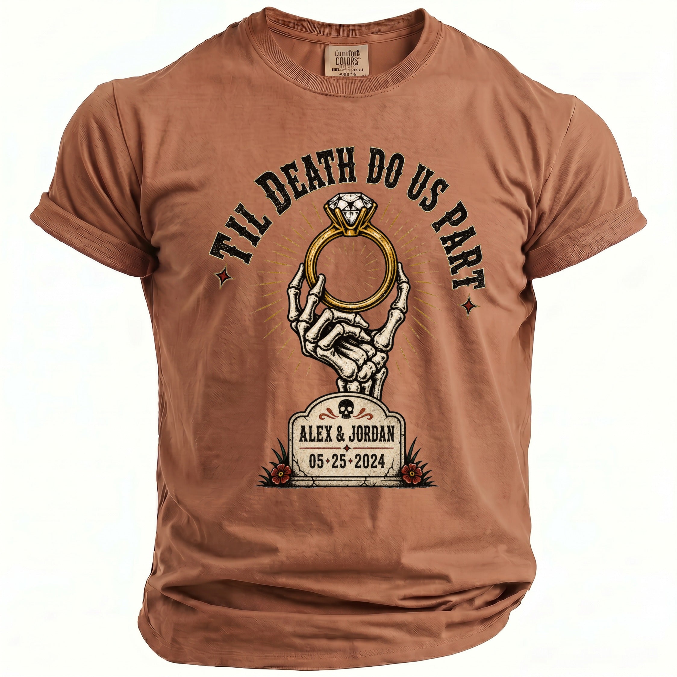 Brown t-shirt with "Til Death Do Us Part" and "Alex & Jordan 05-25-2024".