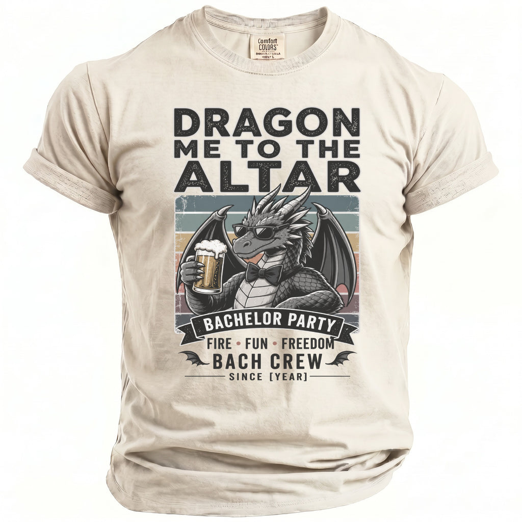 Dragon holding beer, reads "Dragon Me to the Altar Bachelor Party Bach Crew".