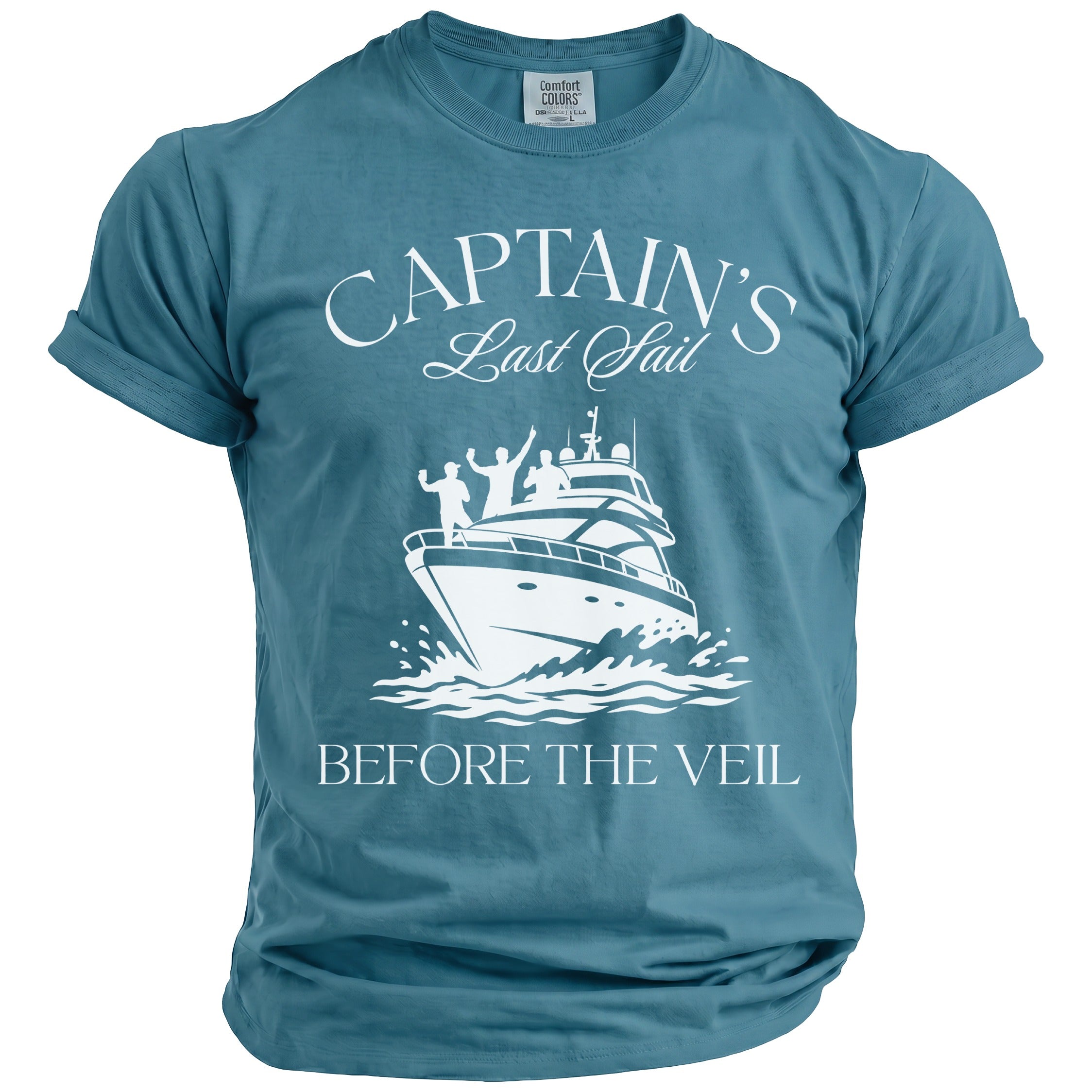 Blue t-shirt with white text "CAPTAIN'S Last Sail BEFORE THE VEIL" and boat graphic.