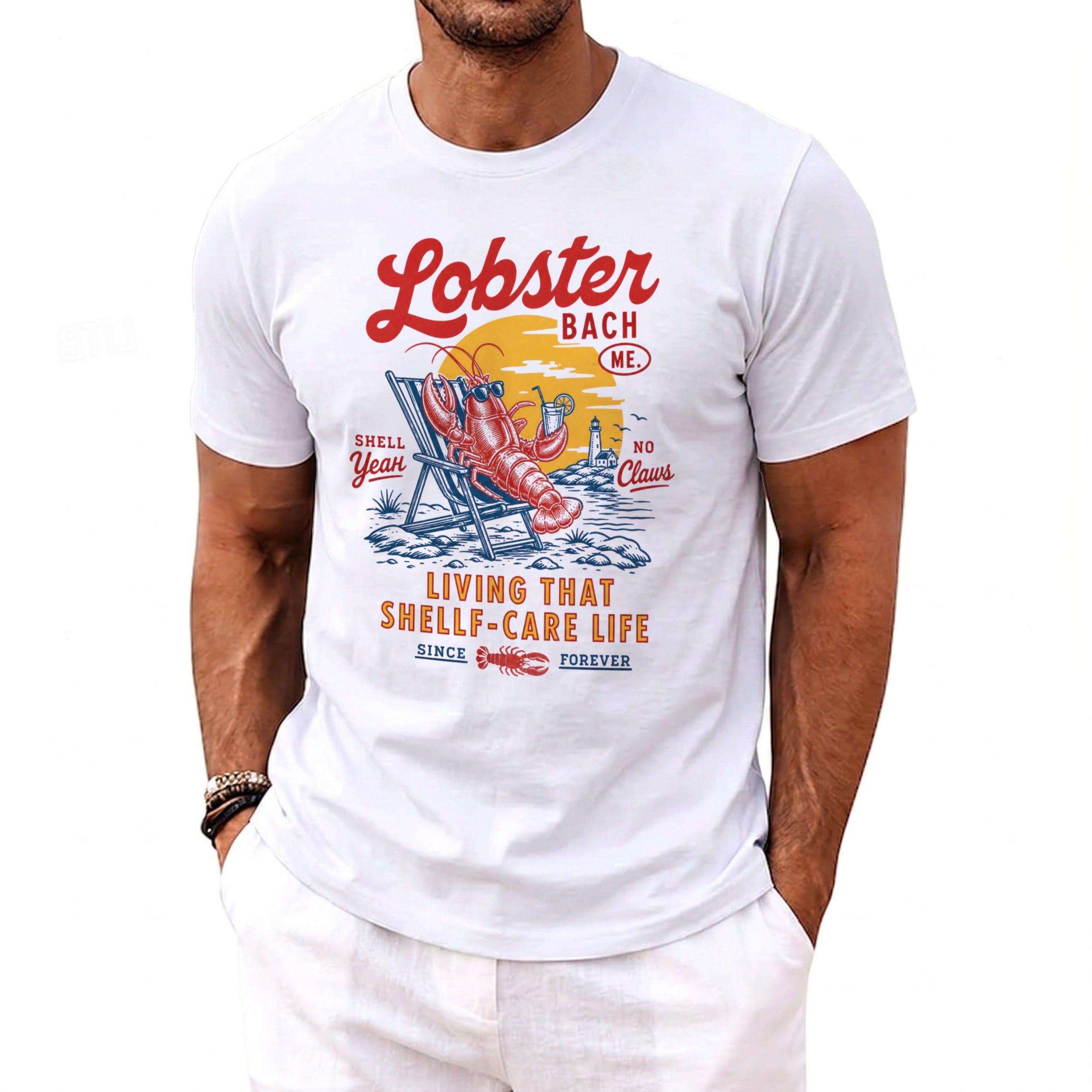 White t-shirt with "Lobster Bach Me" and lobster on beach design.