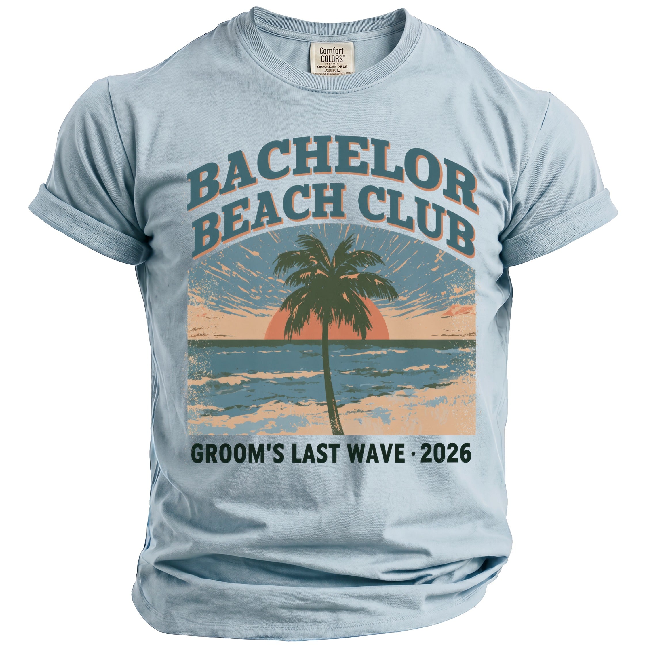 Light blue t-shirt with "Bachelor Beach Club" and "Groom's Last Wave 2026" graphics.