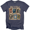 Picasso t-shirt with six vintage stamps featuring artworks like Guernica and The Old Guitarist.