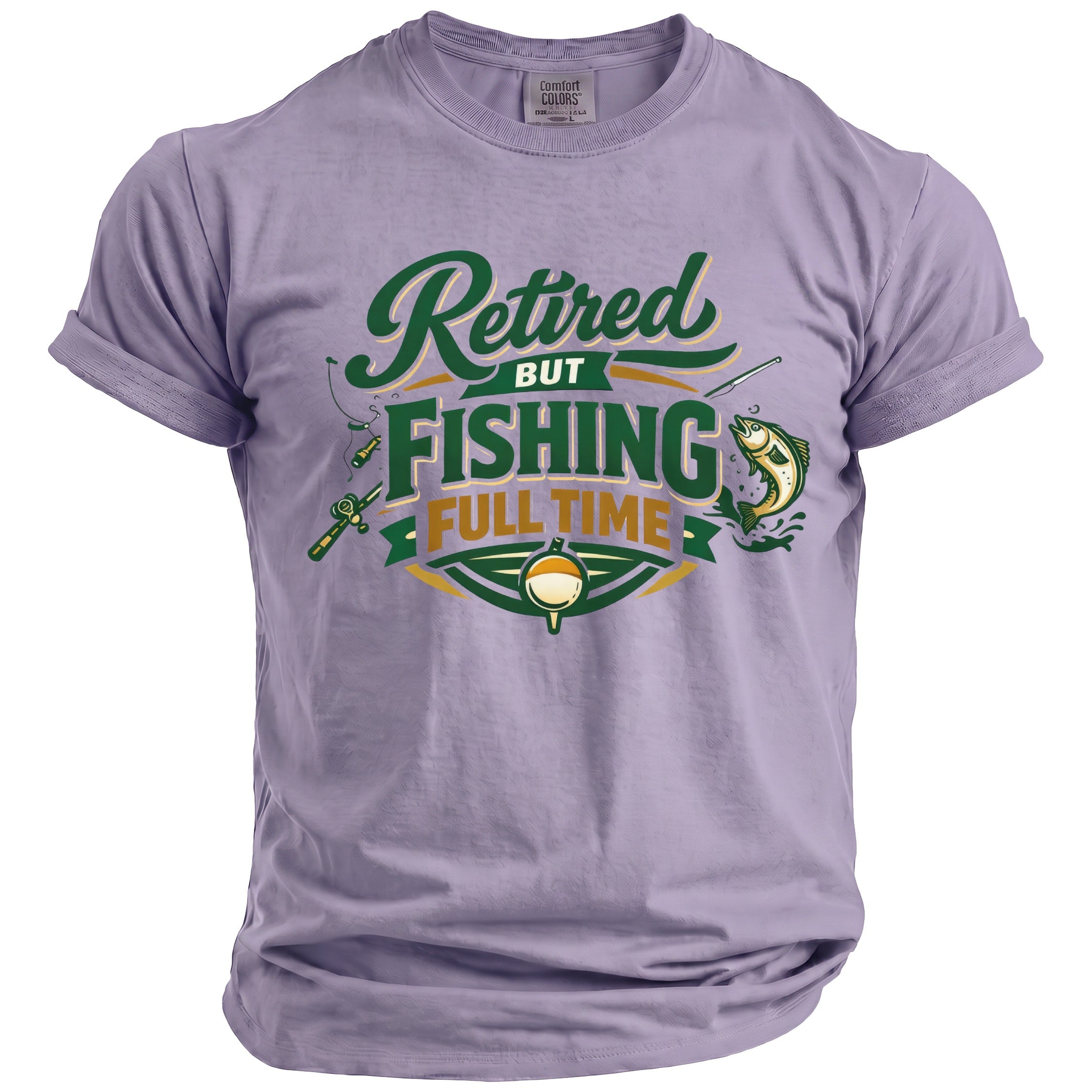 Purple t-shirt with "Retired but Fishing Full Time" graphic and fishing imagery.